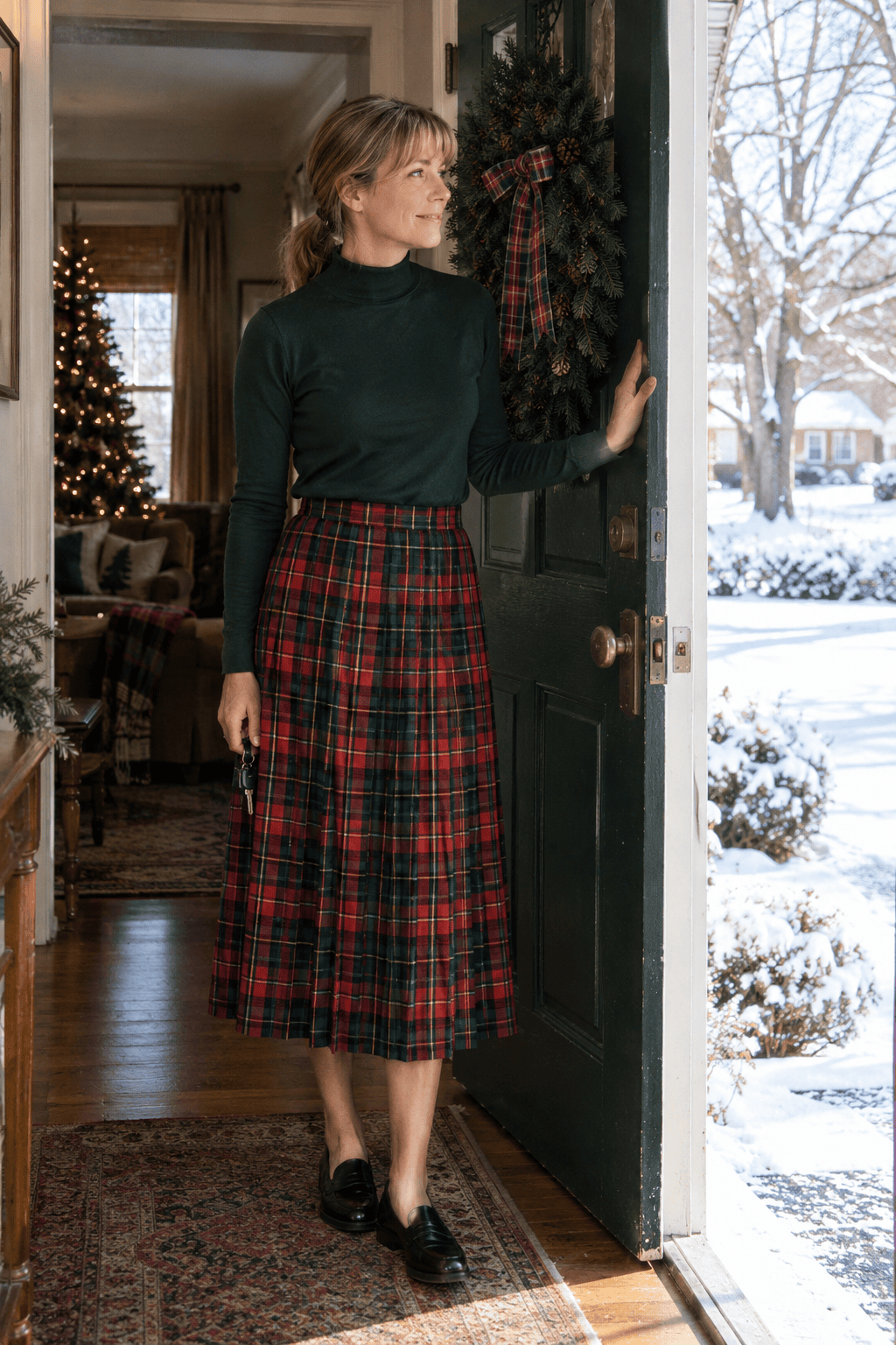 classy christmas church outfit: dark green high-neck top tucked into a red and green tartan pleated midi kilt with black penny loafers