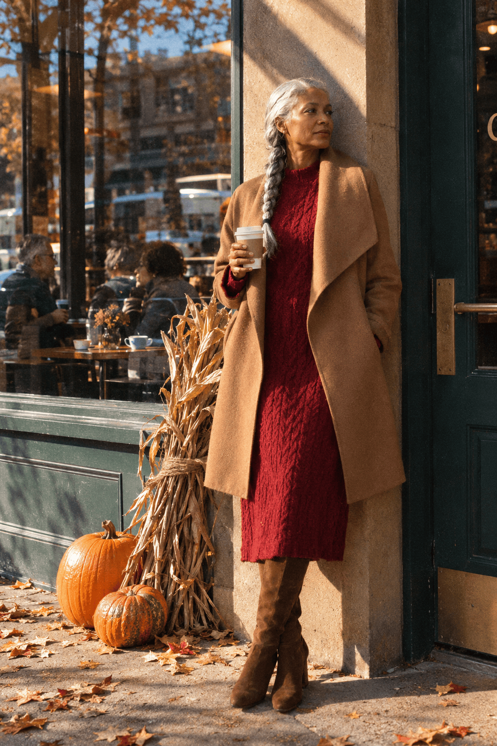 elegant thanksgiving outfit for women over 60: crimson cable knit midi dress, caramel wrap coat and tall suede boots