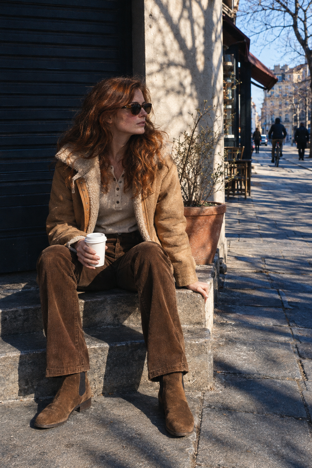 casual winter outfit: camel sherpa hooded jacket, oatmeal henley, warm brown corduroy pants and tobacco suede Chelsea boots
