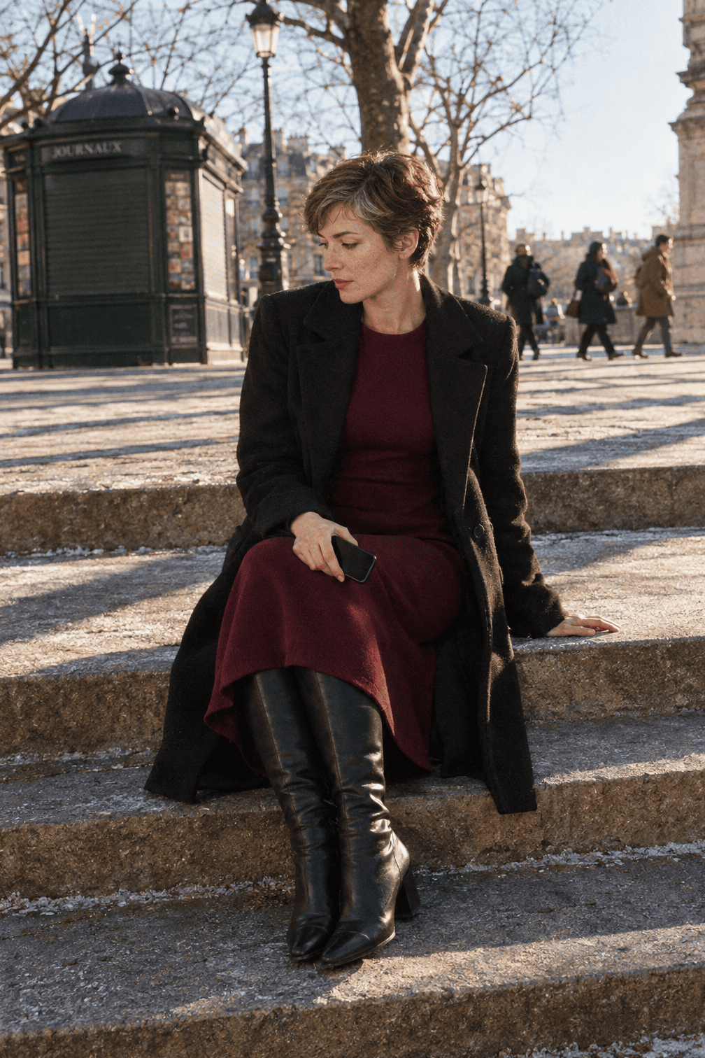 warm winter date night outfit: black cherry ponte midi dress with knee-high leather boots and a black wool-blend topcoat