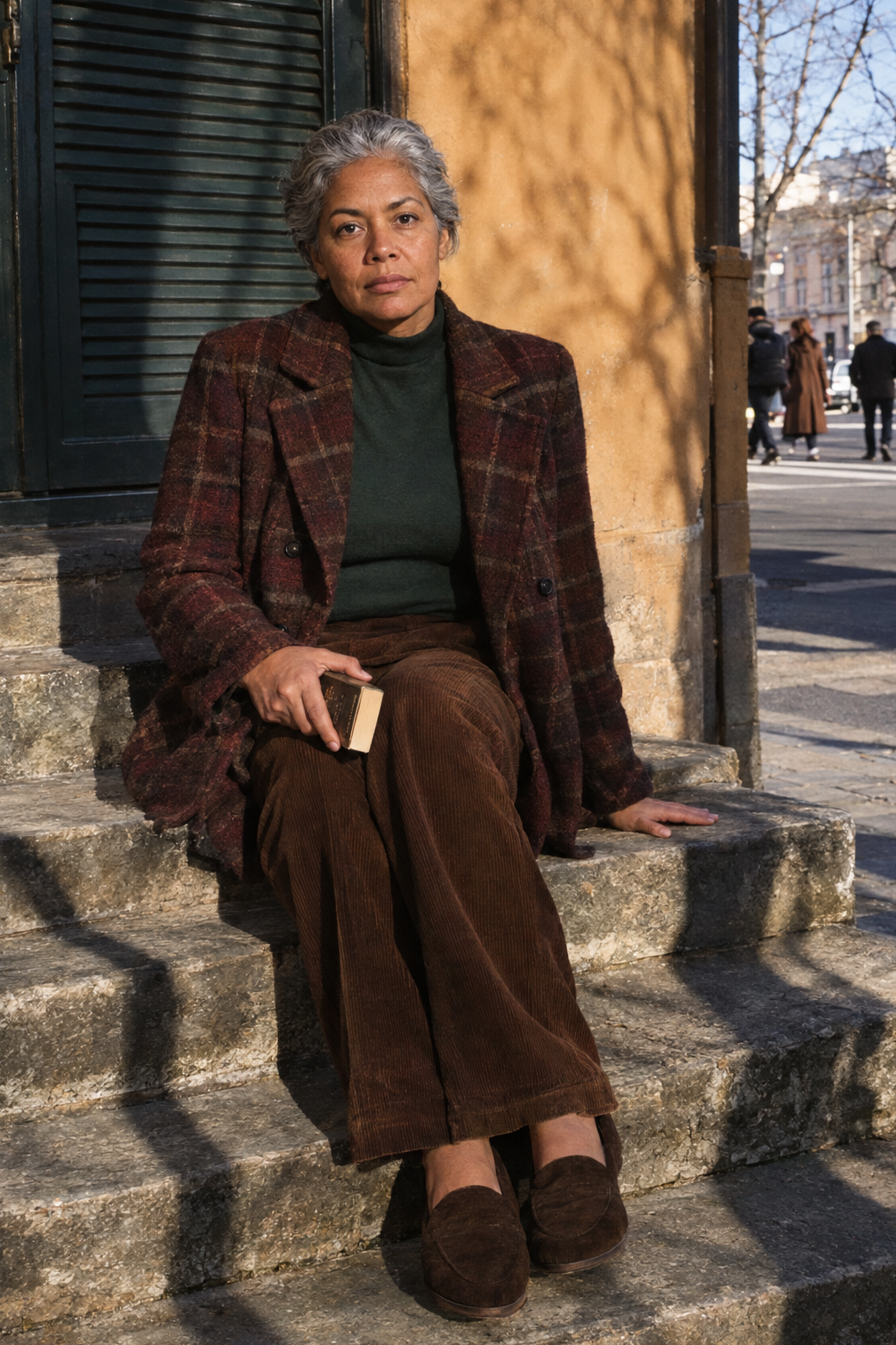 casual winter dinner outfit: dark green turtleneck, brown corduroy trousers, suede loafers and a plaid wool peacoat
