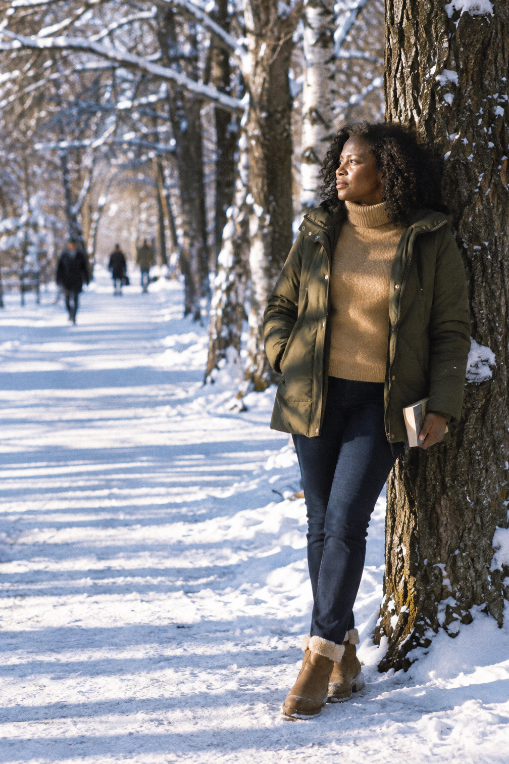 snow outfits for women: dark olive hooded down parka, camel alpaca turtleneck, navy fleece-backed pants and camel brown waterproof boots on a snowy park path