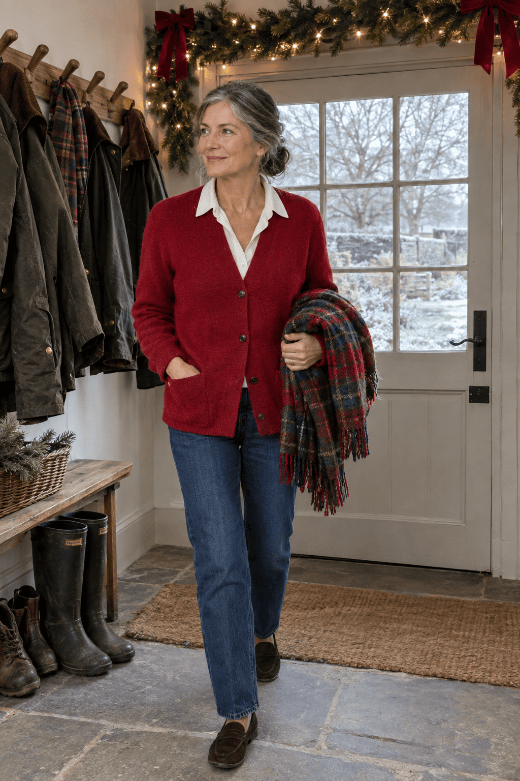 cozy christmas outfit for older women: crimson merino cardigan over an ivory silk blouse with straight jeans and brown suede loafers