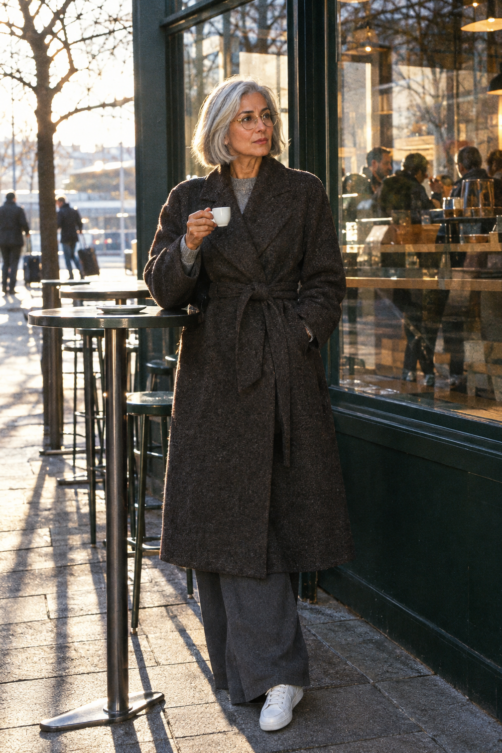 winter airport outfit: belted mole-melange wool coat over a cement cashmere sweater, shadow gray cashmere pants and white leather sneakers