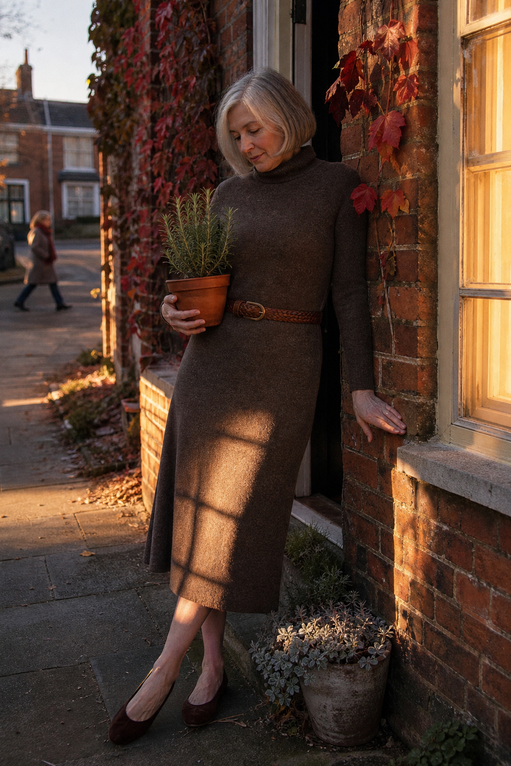 dinner party outfit ideas for hosting: brown turtleneck knit midi dress with a saddle braided leather belt and brown suede ballet flats