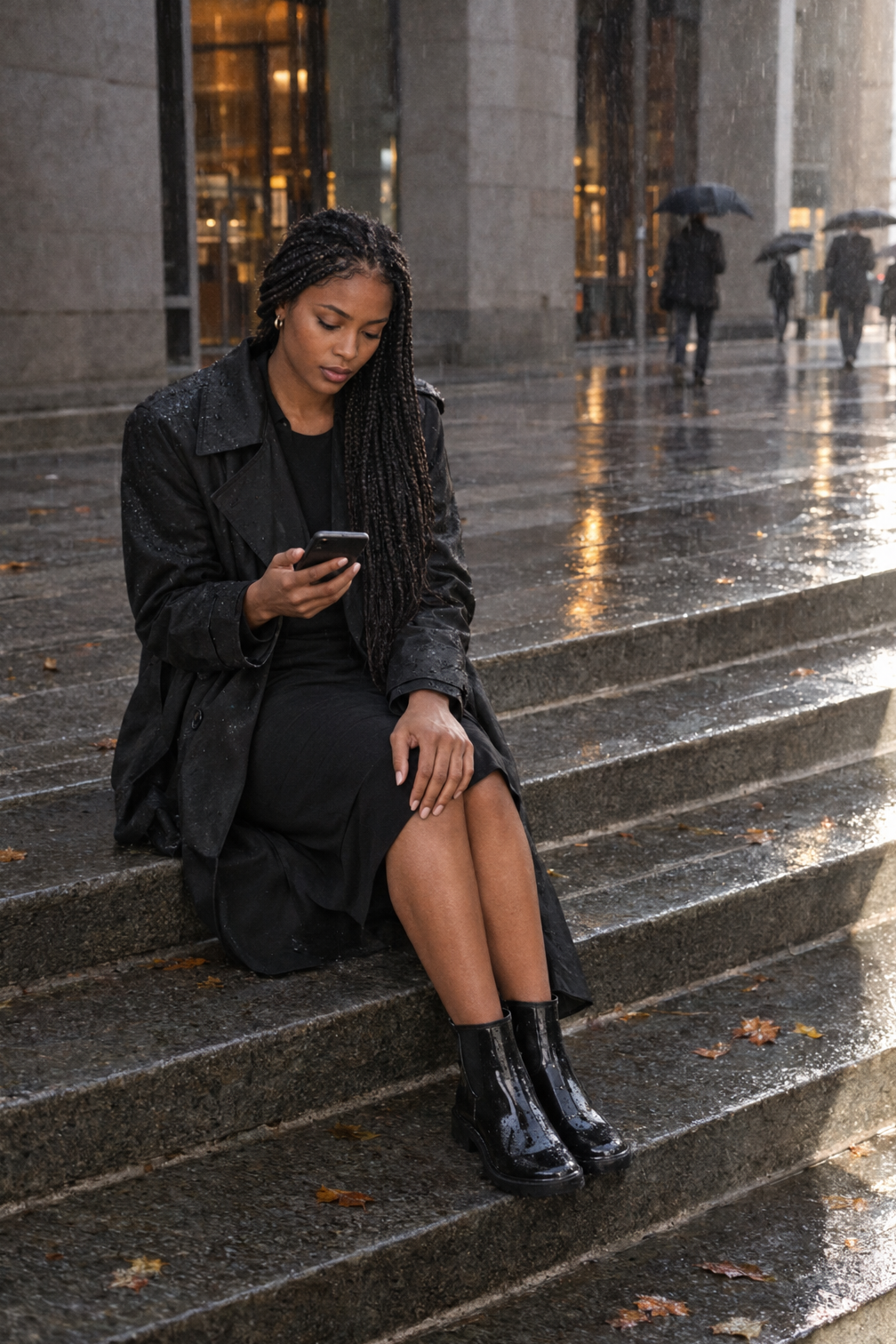 polished rainy day outfit for work: black belted trench, knee-length black pencil skirt and black rubber Chelsea boots