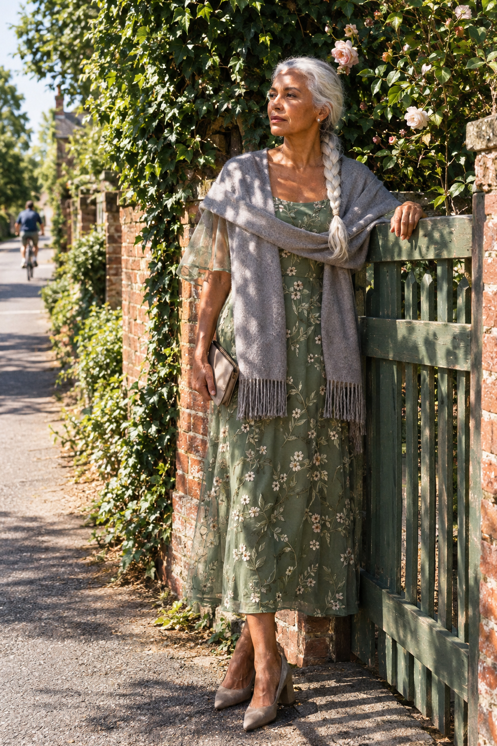 mother of the groom outfit for a spring garden wedding: sage embroidered maxi dress, grey cashmere wrap and greige suede pumps