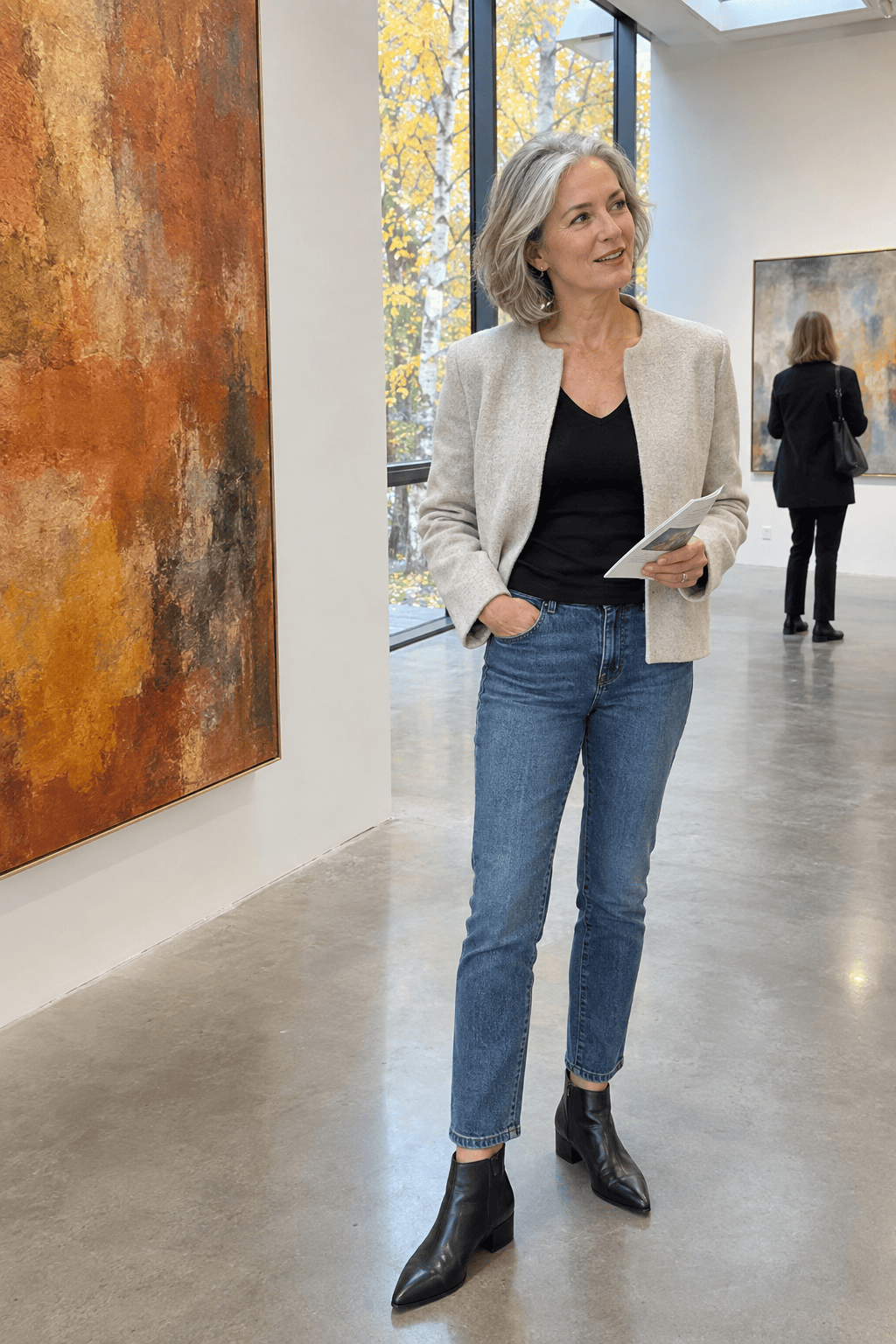 petite women over 60 outfit: oatmeal collarless cropped wool jacket, black V-neck tee, straight ankle jeans and black pointed ankle boots