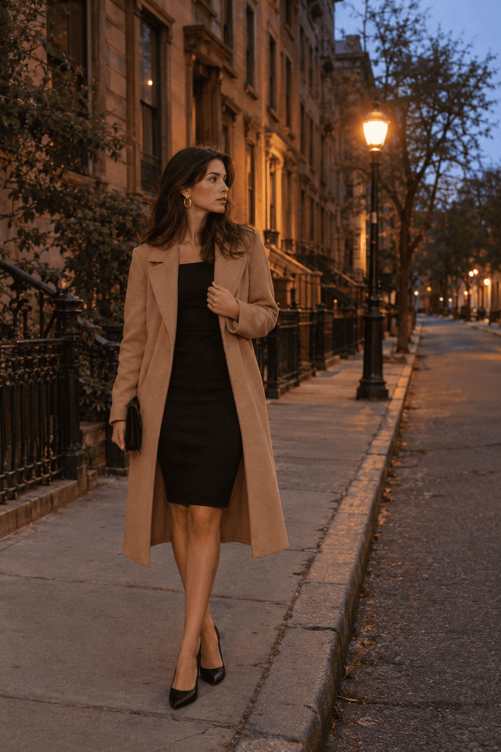 elegant outfit with clothes you already own: black sheath dress layered under a camel trench coat with gold hoop earrings