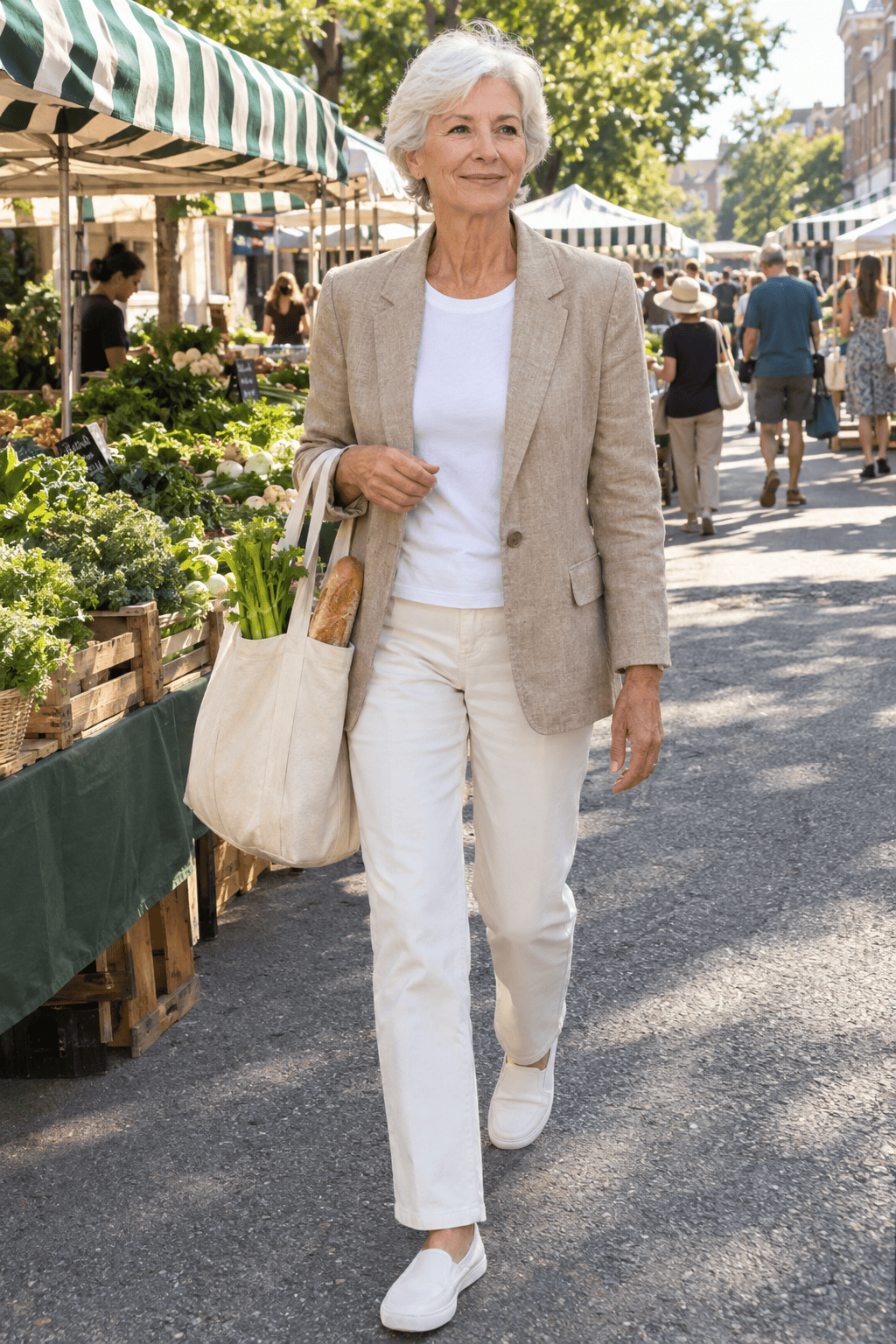 elegant spring outfit for women in their 70s: flax linen blazer with ecru jeans and white slip-on sneakers