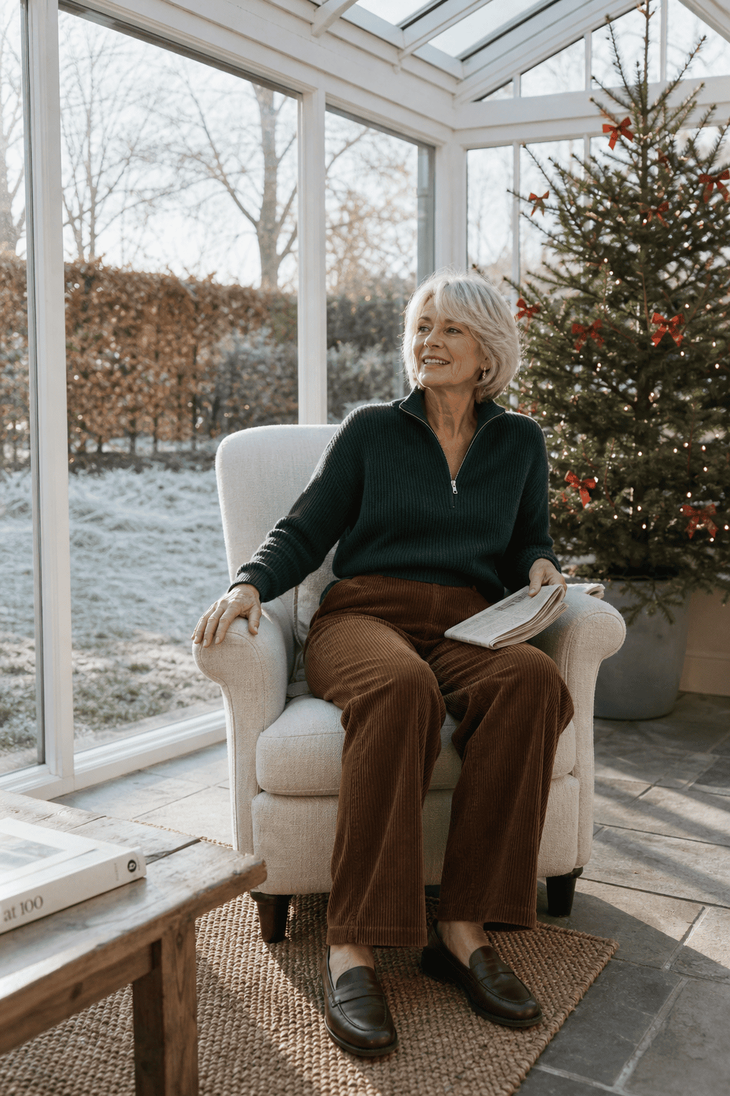 christmas brunch outfit for women over 60: forest green ribbed half-zip sweater with warm brown corduroy wide-leg trousers and penny loafers