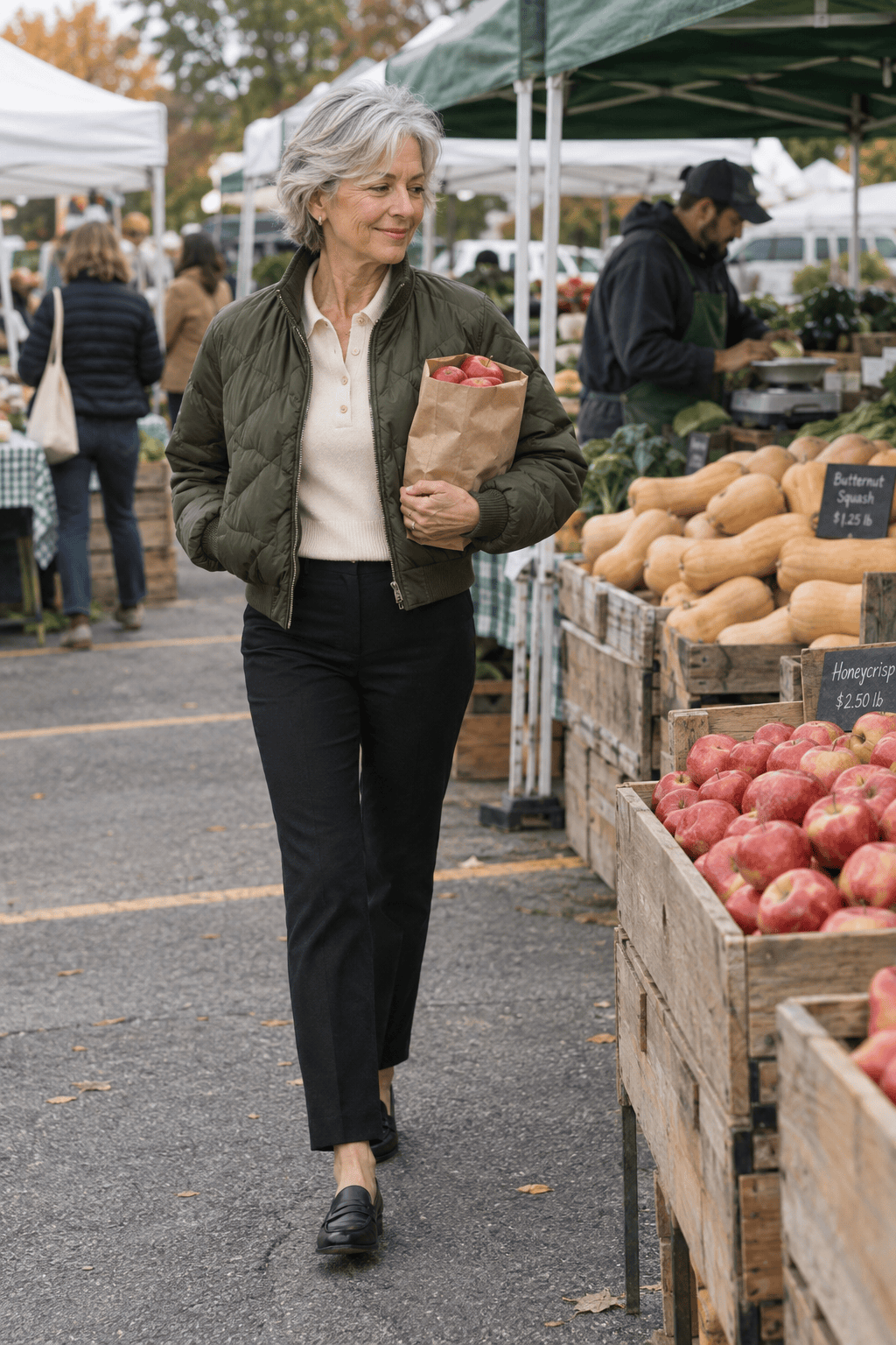 petite fall outfit for women over 60: cropped olive puffer bomber jacket, cream cashmere polo sweater and slim black ankle pants