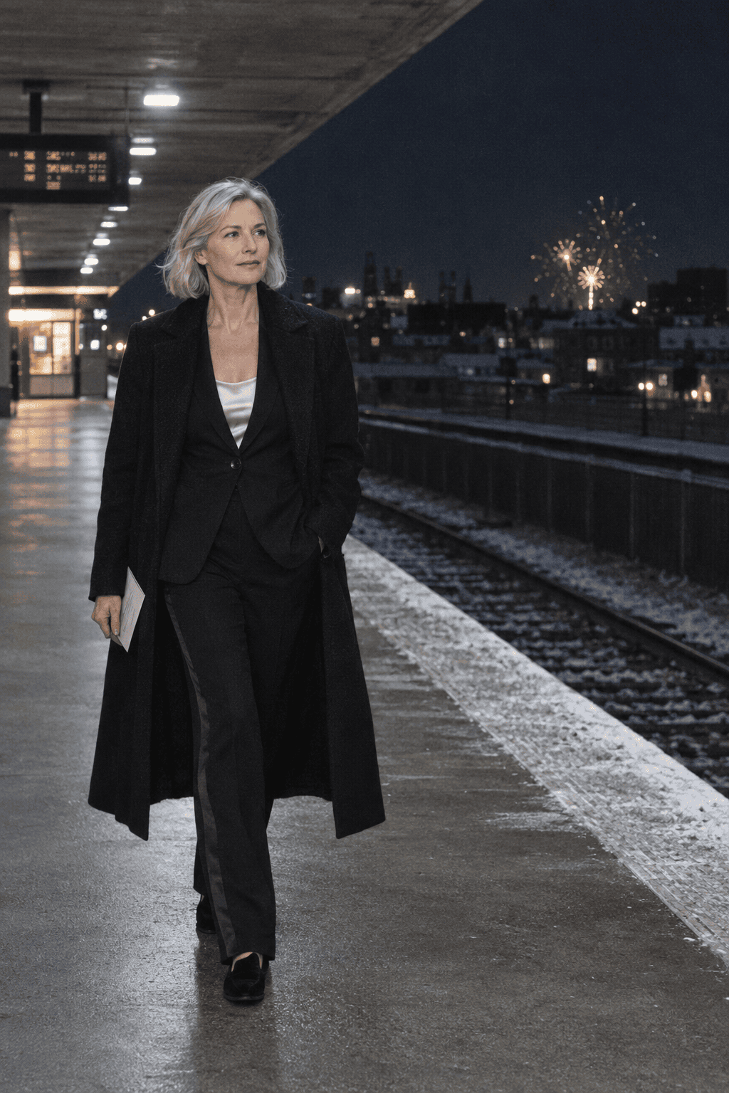 classy new years eve theatre outfit: black single-breasted blazer and black tuxedo trousers with satin stripe, long black wool topcoat and black velvet loafers
