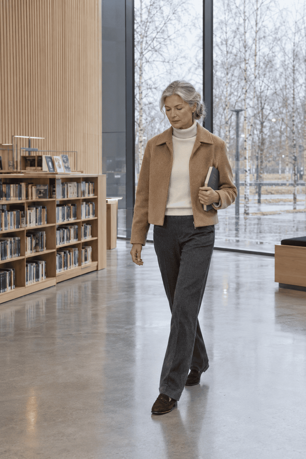 woman in her 60s in ankle-grazing tailored trousers and loafers, styled for autumn