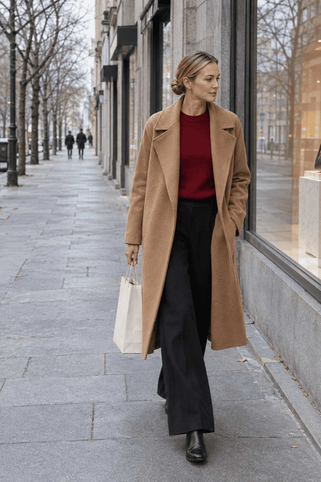 Black Friday shopping outfit: caramel wrap coat over a red cashmere sweater with black wide-leg trousers and black ankle boots