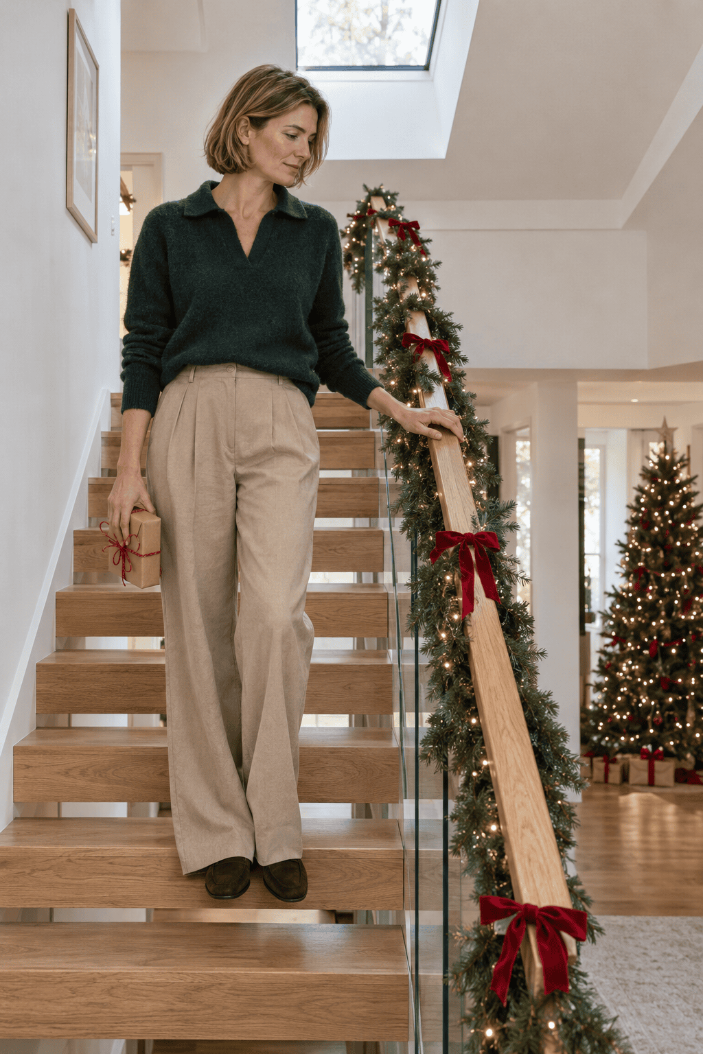 christmas day lunch outfit for women over 40: dark green knit polo sweater tucked into beige pleated wide-leg trousers with brown suede loafers