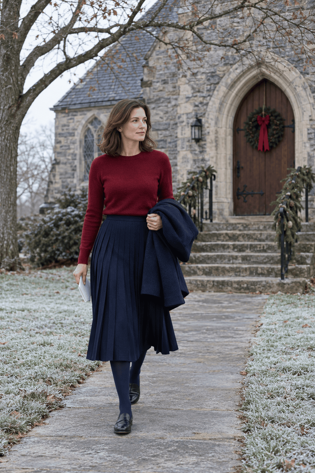 red sweater church outfit for Christmas morning: red cashmere crewneck tucked into a navy knife-pleated midi skirt with navy tights and black leather loafers