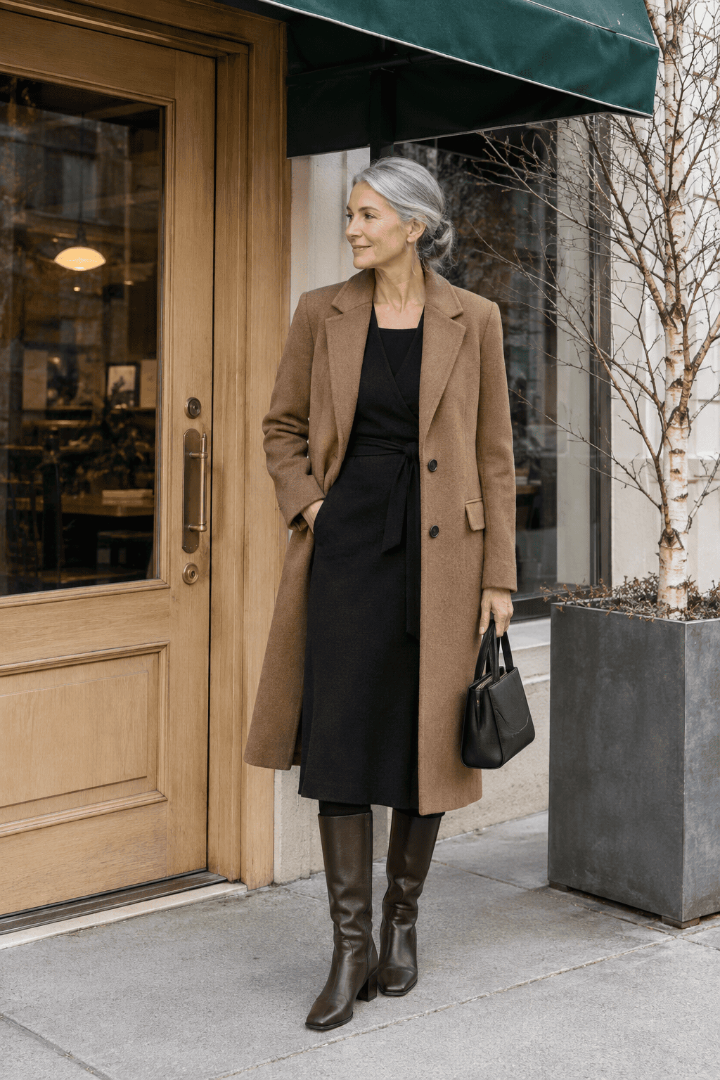 elegant winter lunch outfit for a woman over 60: black cashmere wrap dress with black tights under a camel wool coat and brown tall boots