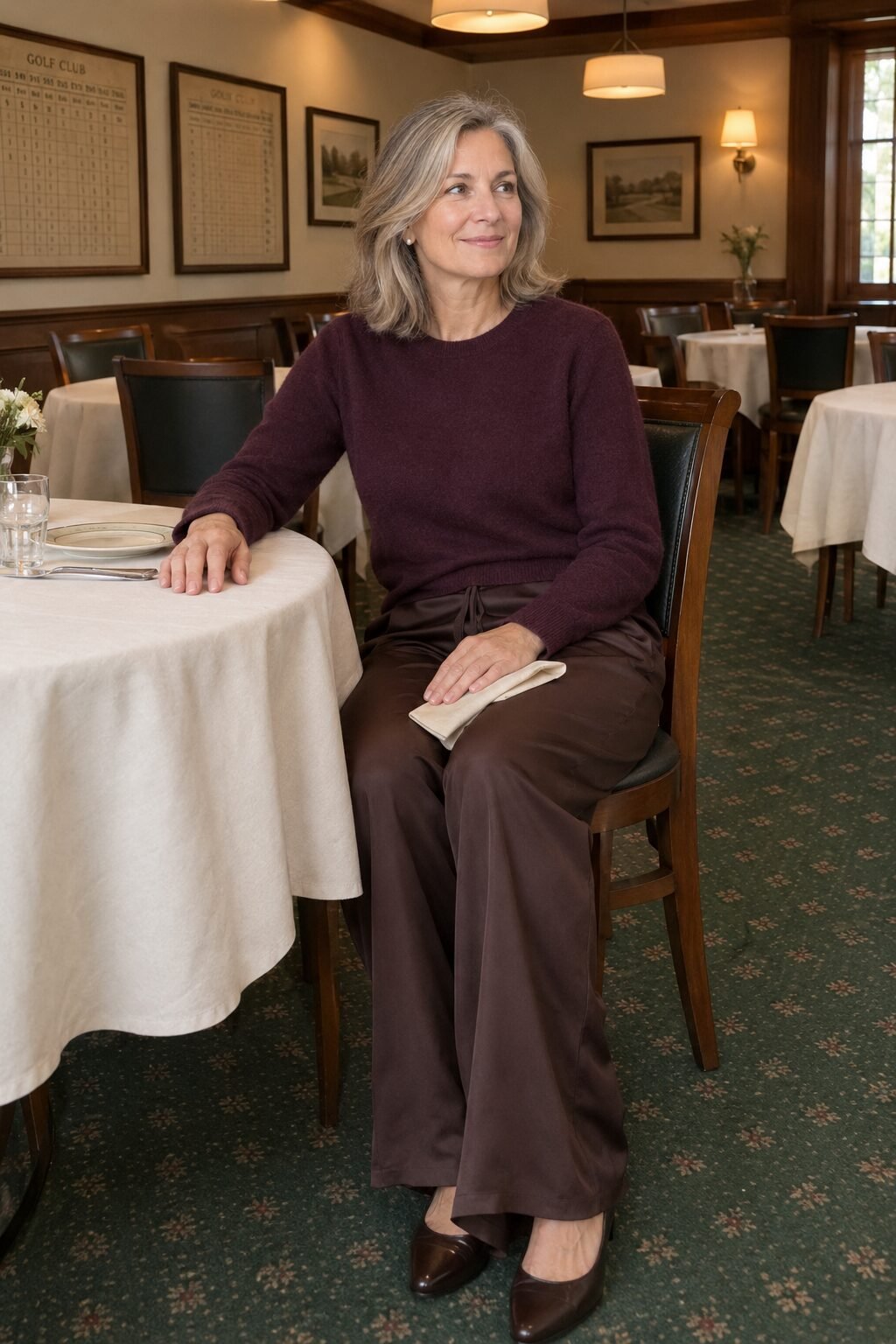 mother of the groom rehearsal dinner look: plum cashmere crewneck sweater with chocolate plum-brown silk wide-leg trousers