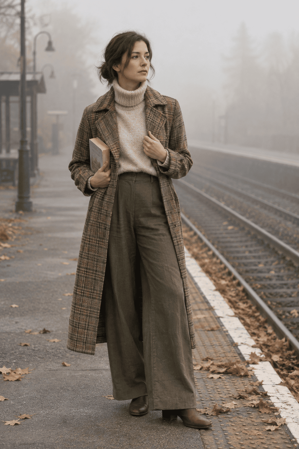 cool-weather linen outfit: olive linen trousers with an oatmeal fisherman sweater and tan plaid trench coat