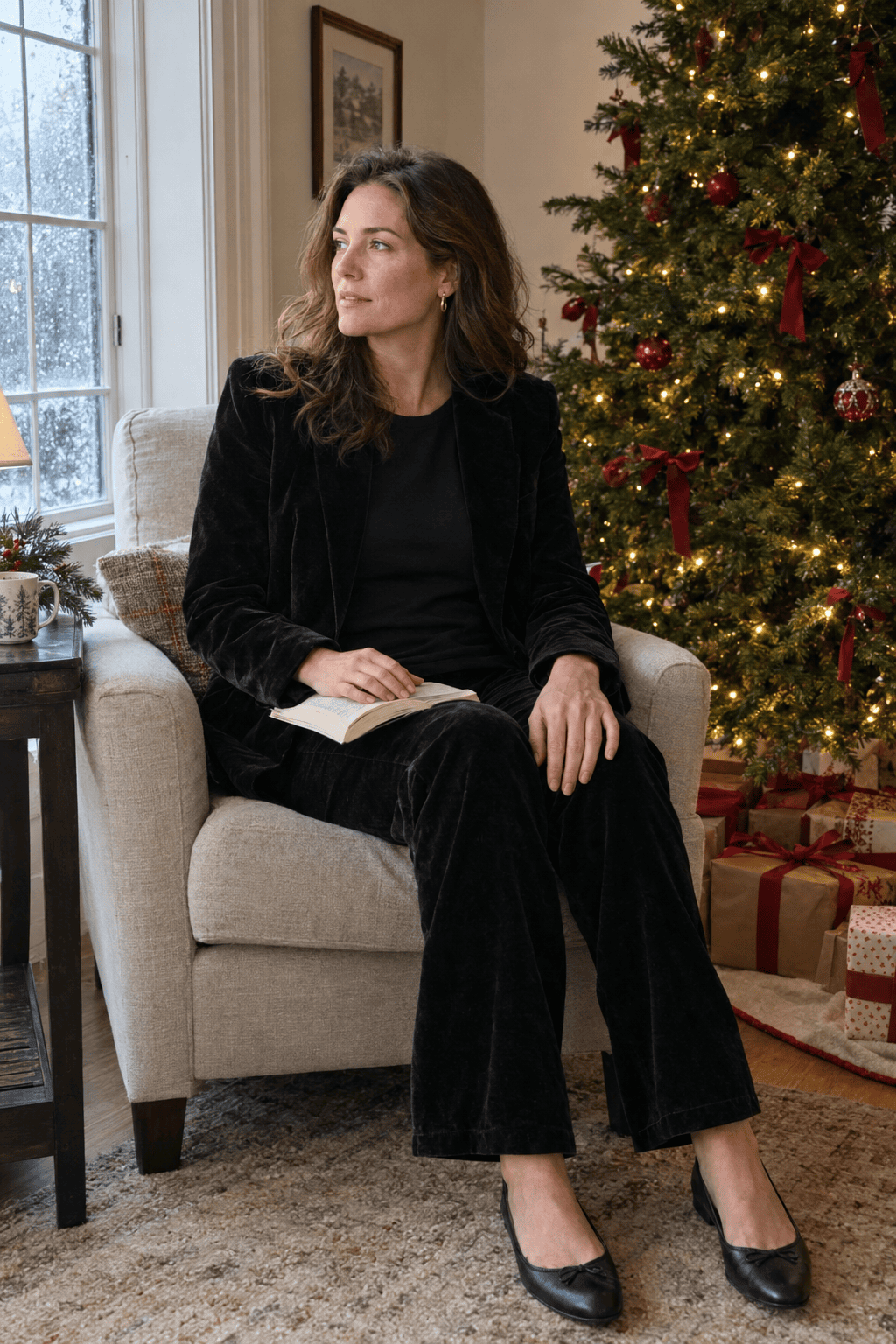 black velvet suit with matching velvet trousers and black ballet flats beside a decorated Christmas tree on Christmas Day