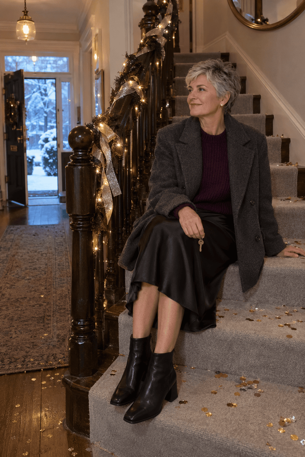 party outfit for women over 60: plum cashmere crewneck tucked into a black silk slip skirt with black leather ankle boots and a dark grey coat