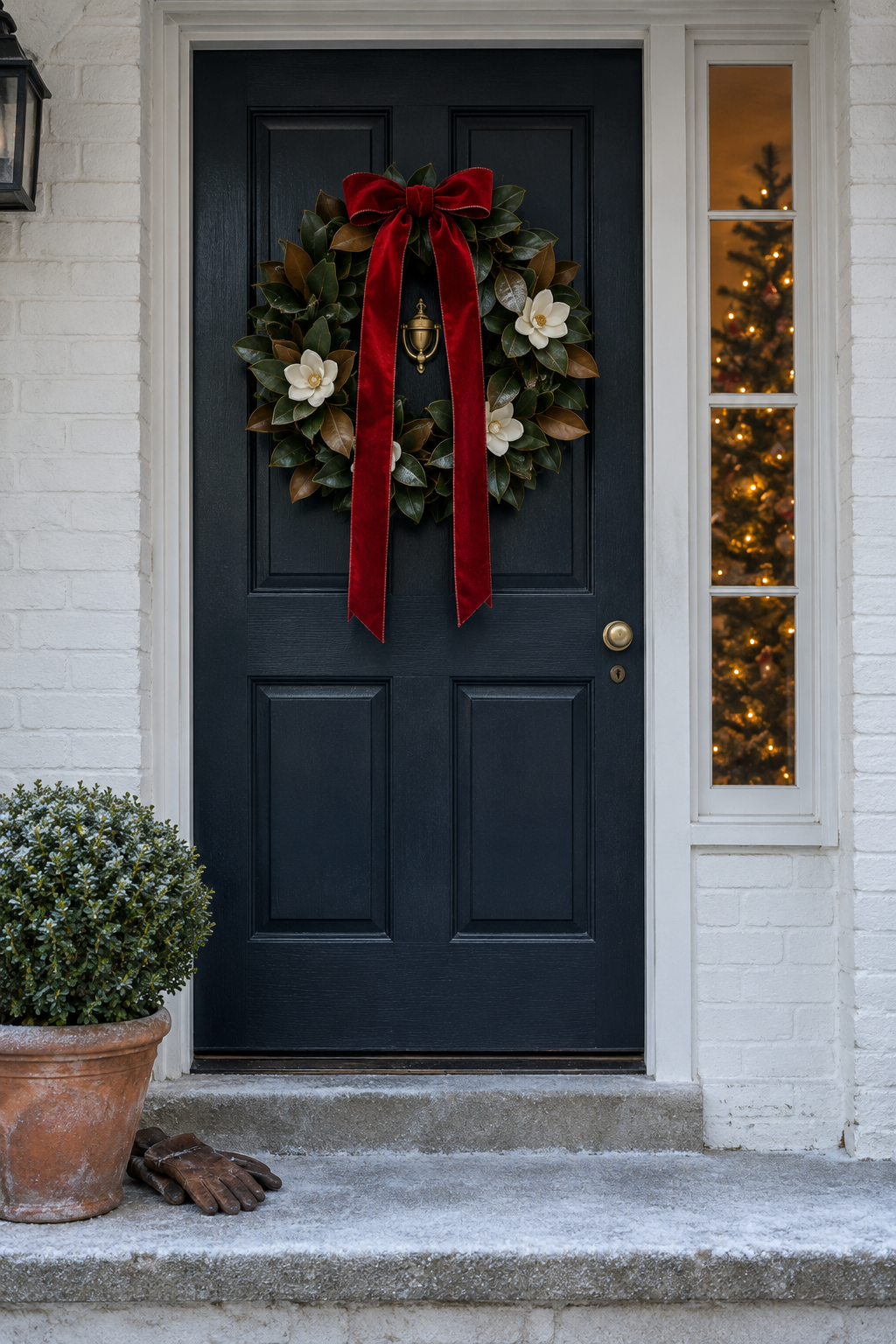 elegant christmas traditions: a glossy green magnolia wreath tied with a red velvet ribbon bow on a dark painted front door under a covered porch