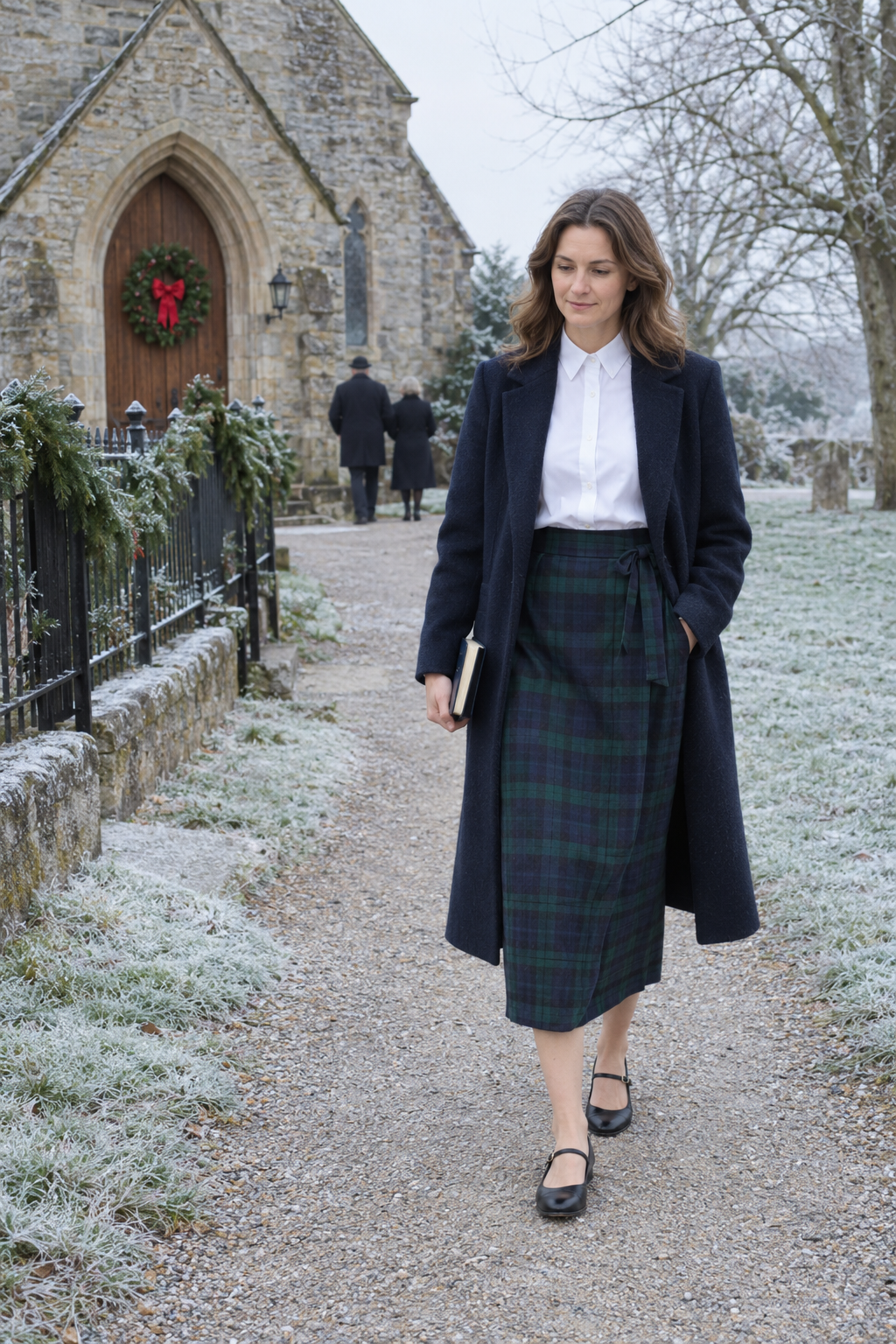 how to style a tartan skirt for a Christmas church service: white oxford button-down shirt tucked into a slim Black Watch plaid midi skirt with black leather Mary Jane flats