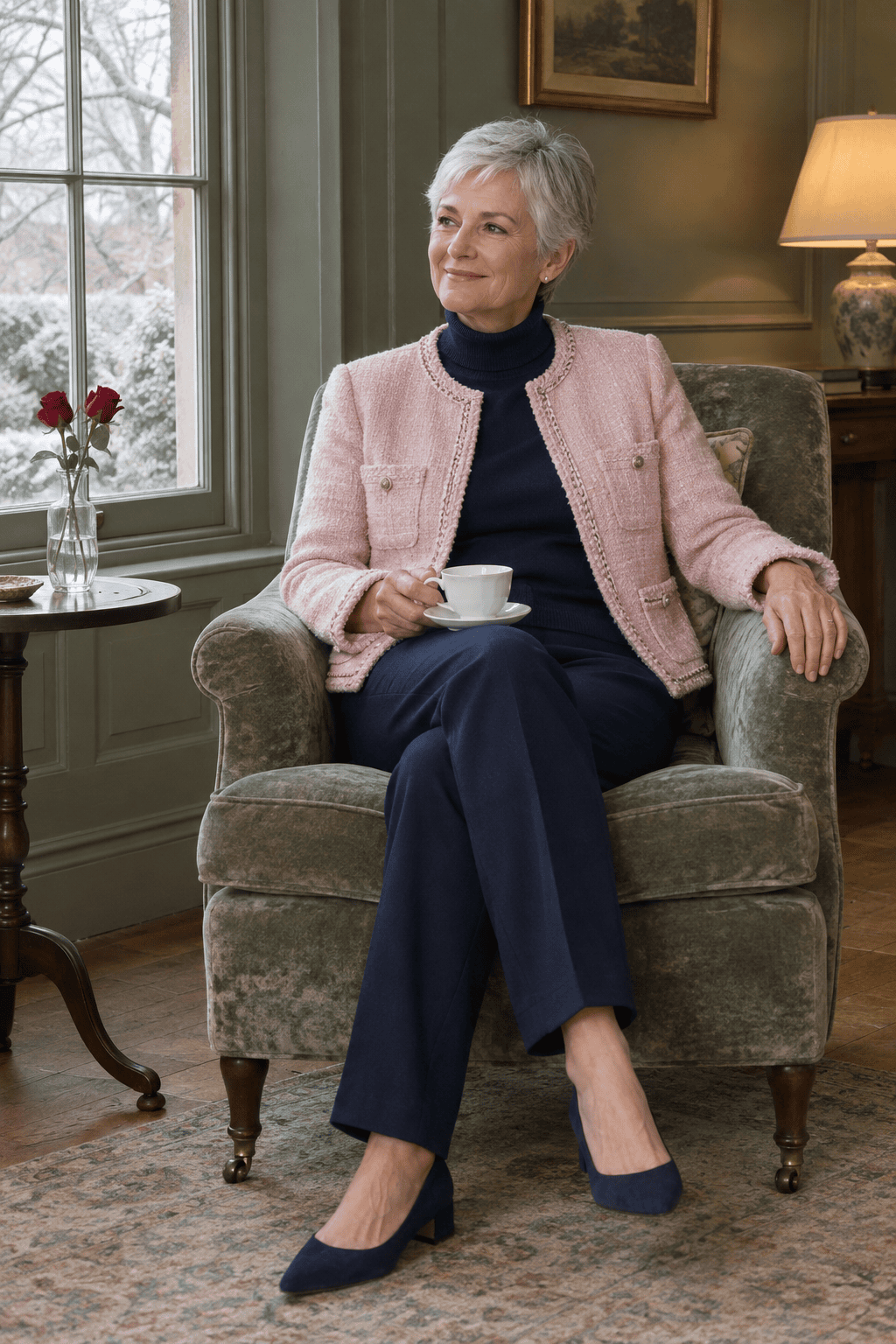 elegant valentines day outfit for older women: pale pink tweed jacket with braided trim over a navy cashmere turtleneck and navy trousers for afternoon tea