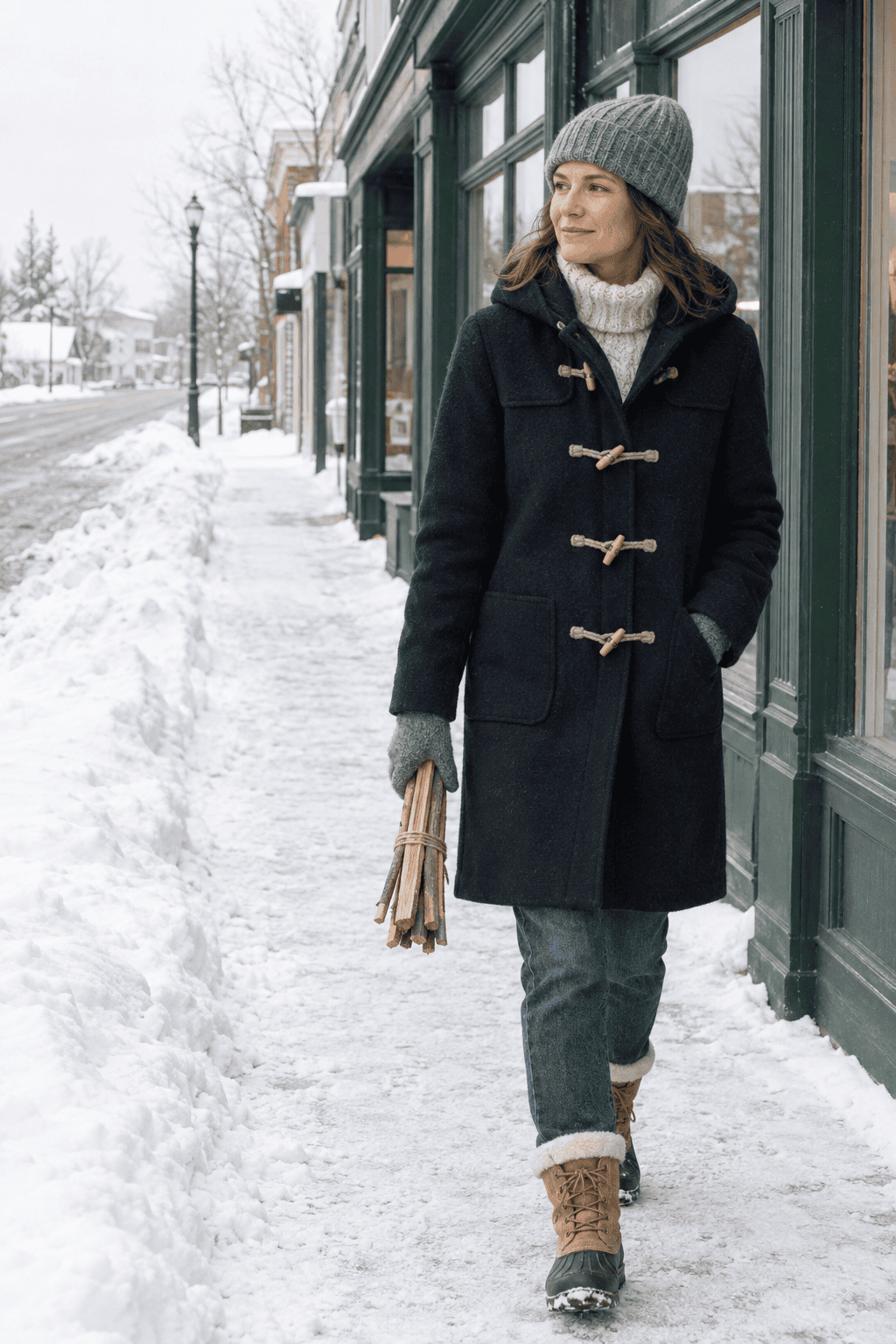 navy wool duffle coat with an oatmeal cable cashmere rollneck, straight jeans and tan Sorel snow boots on a snowy sidewalk