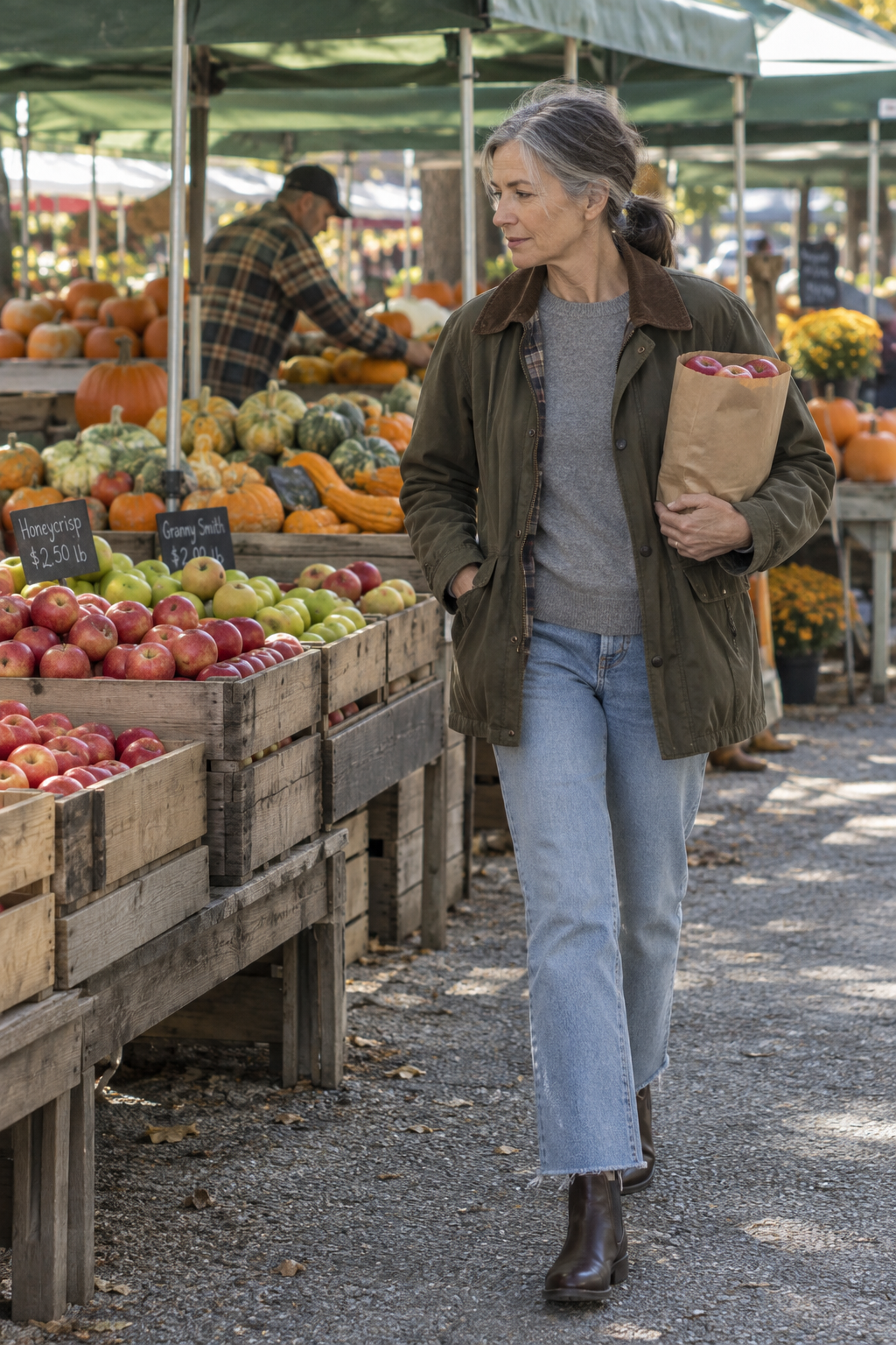 casual fall outfit for women over 60: dark khaki barn coat with corduroy collar, heather gray cashmere crewneck, light-wash straight jeans and brown leather Chelsea boots