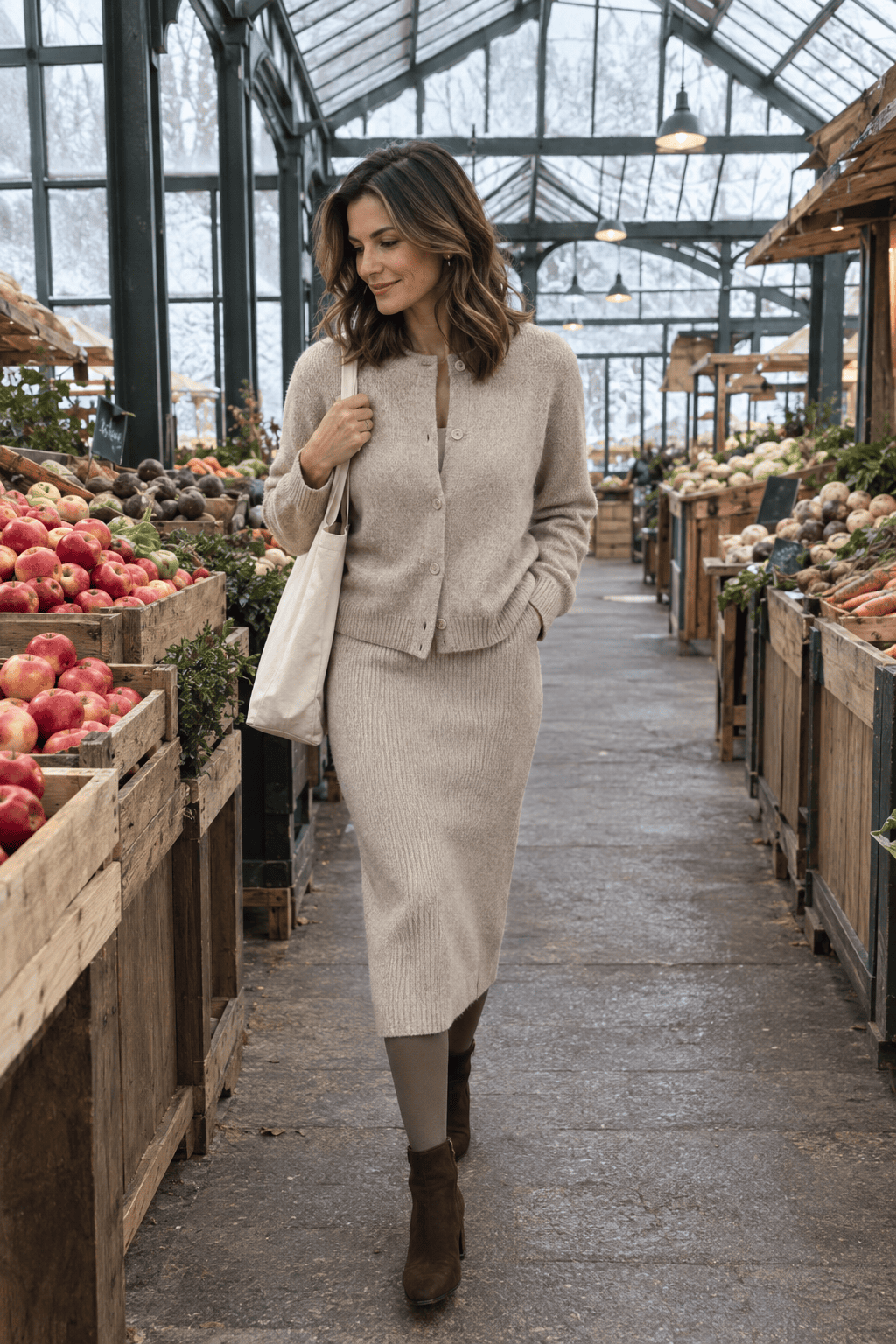 winter ankle boot outfit: oatmeal cashmere rib-knit midi skirt with a matching oatmeal cashmere cardigan, taupe tights and chocolate suede ankle boots