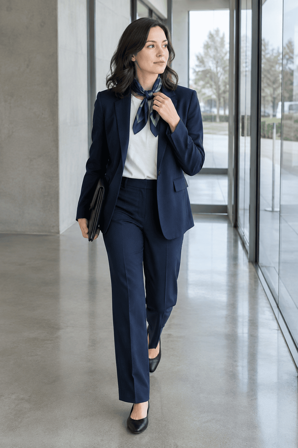elegant outfit with clothes you already own: navy blazer over a white tee and tailored trousers with a printed silk neck scarf