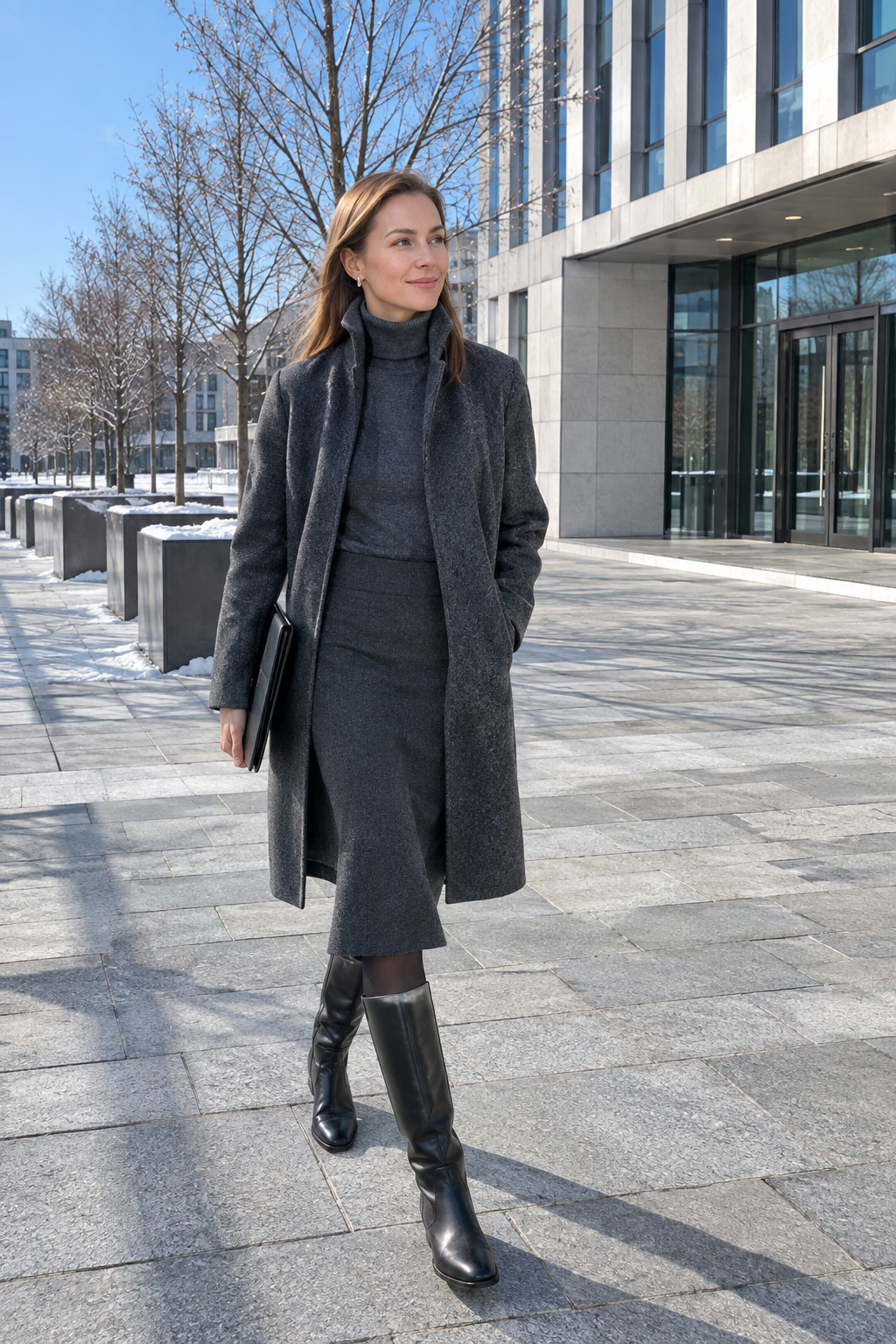 grey monochrome winter outfit: charcoal wool-cashmere cocoon coat, dark grey cashmere turtleneck, charcoal cashmere midi skirt and black knee boots