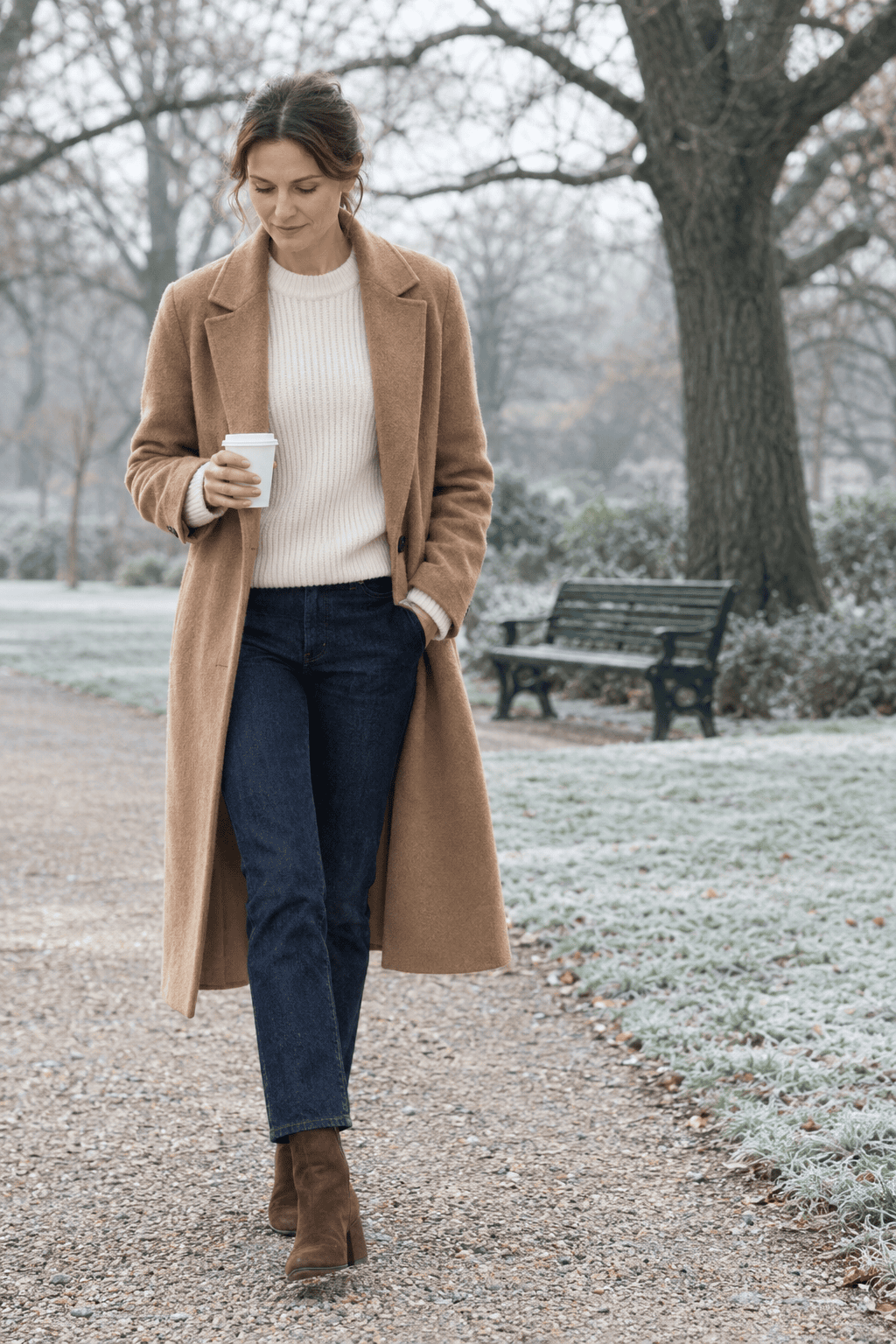weekend winter outfit: long camel coat, ivory chunky ribbed cashmere sweater, dark rinse straight jeans and brown suede ankle boots