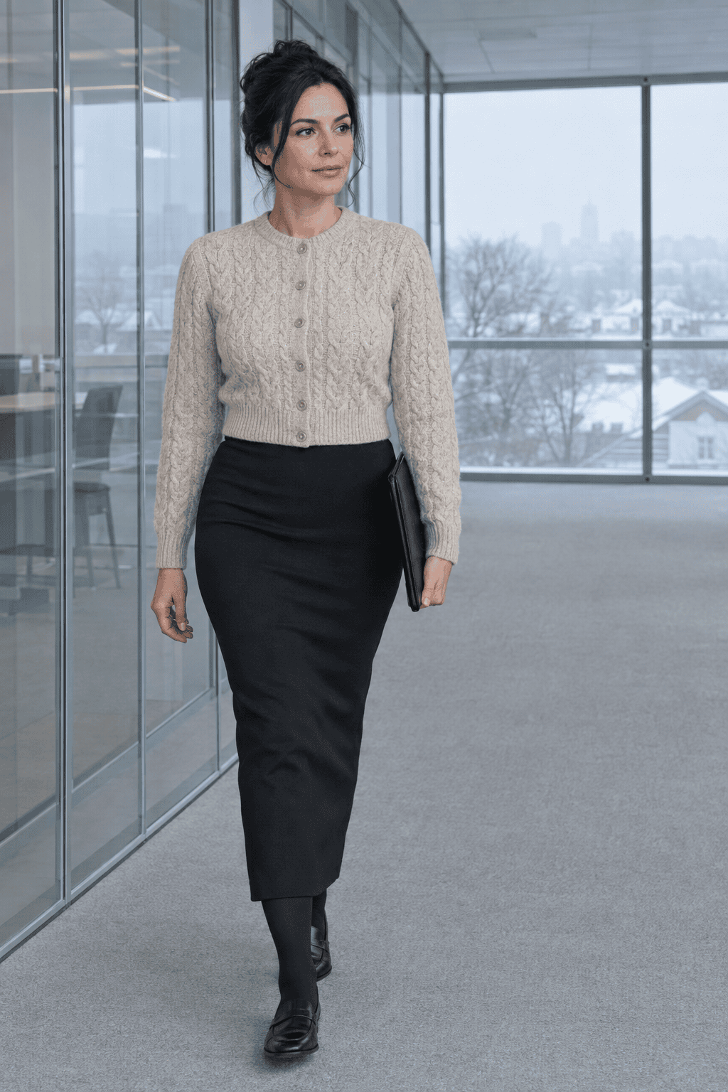 long skirt outfit for the winter office: smooth black ponte maxi pencil skirt with an oatmeal cropped cable cardigan, black opaque tights and black leather loafers