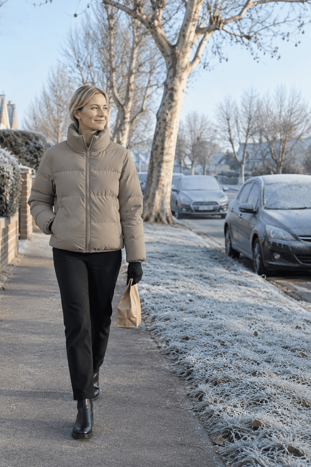 stylish warm winter outfit: woman in a puffer jacket balanced with slim straight trousers and sleek boots on a frosty street