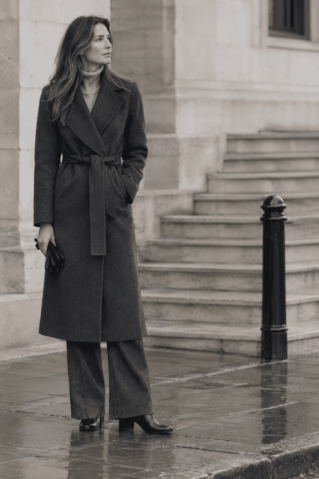 what to wear in London in winter for a museum day: charcoal cashmere wrap coat, pale grey roll neck, charcoal wide-leg trousers and black block-heel ankle boots