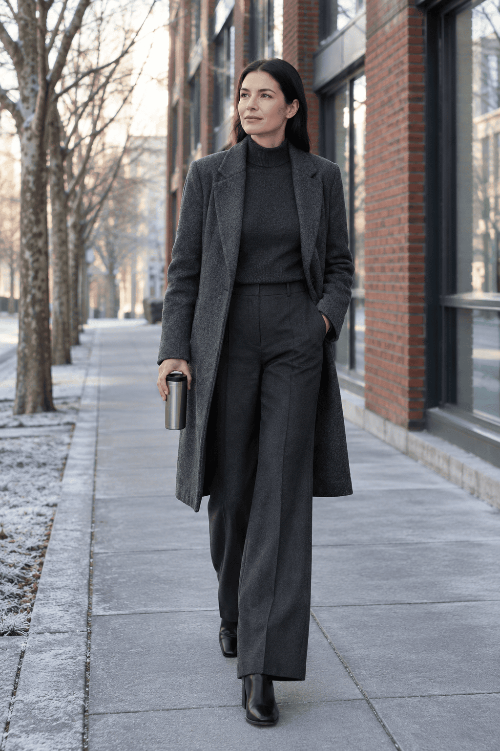 tonal charcoal winter commute outfit: charcoal mock-neck sweater, wide-leg trousers, knee-length charcoal wool coat and black ankle boots
