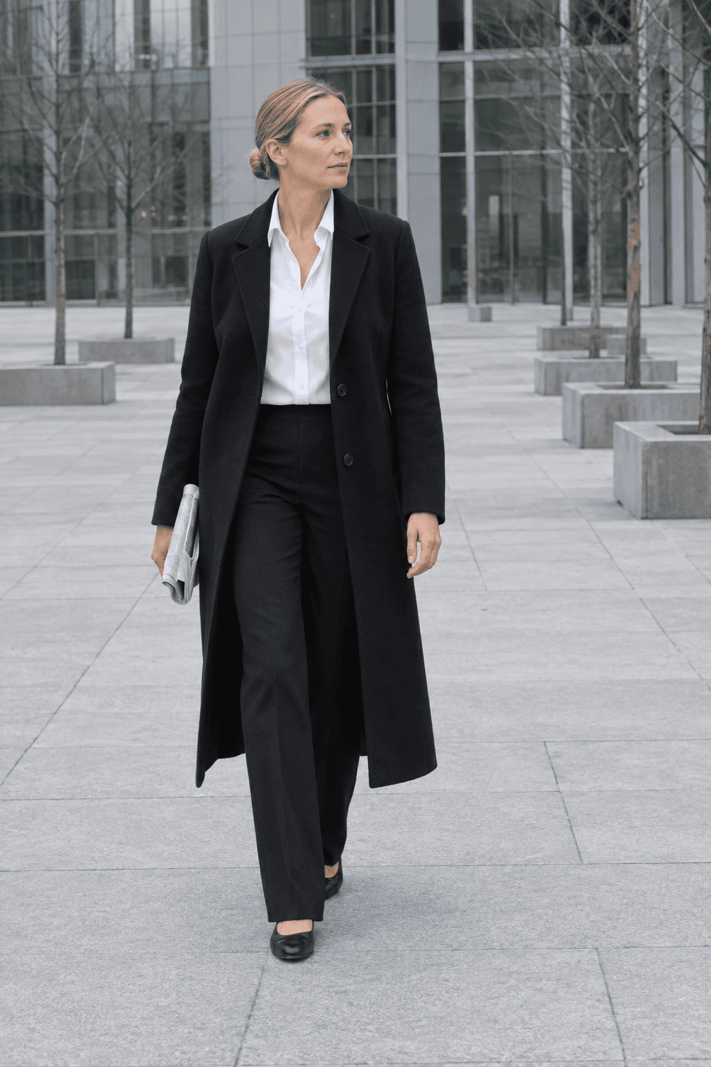 long black coat outfit for a winter commute: tailored black coat worn open over a white poplin shirt, black straight trousers and black leather flats
