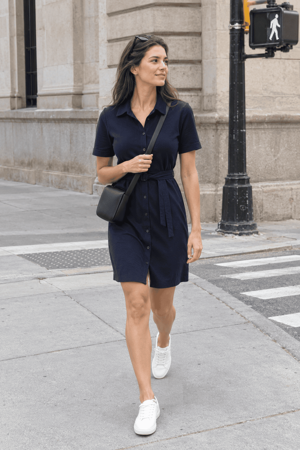 wrinkle resistant navy travel dress with white leather sneakers and a black crossbody bag for sightseeing