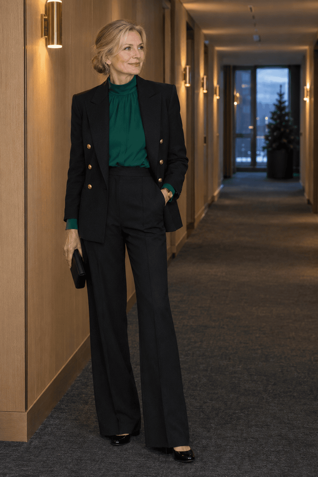 winter wedding guest outfit for women over 50: emerald funnel-neck blouse, black wide-leg trousers, black double-breasted blazer with gold buttons and black patent block-heel pumps