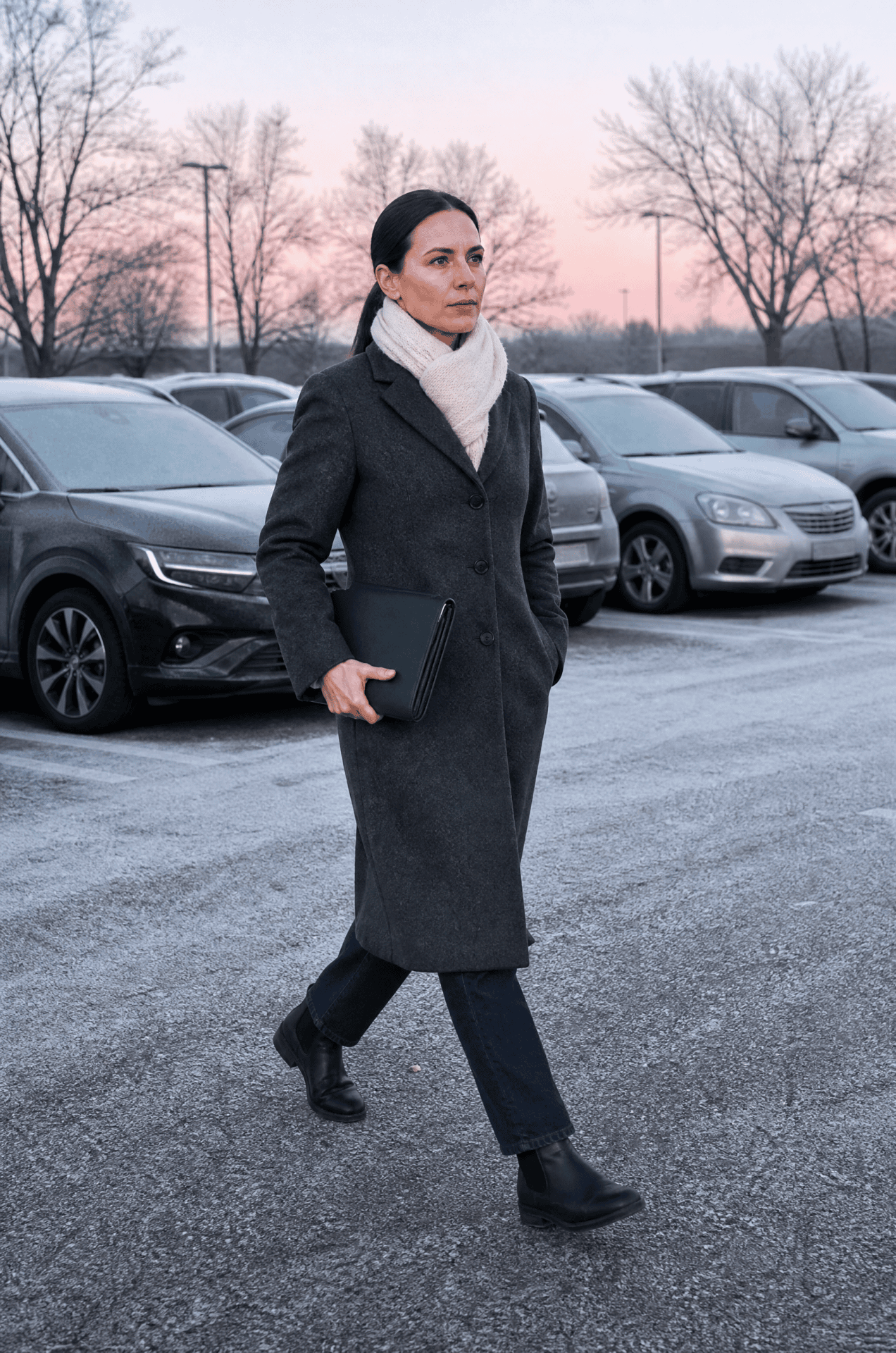 recess duty winter teacher outfit: long charcoal wool coat, ivory cashmere scarf, dark indigo straight jeans and black waterproof Chelsea boots