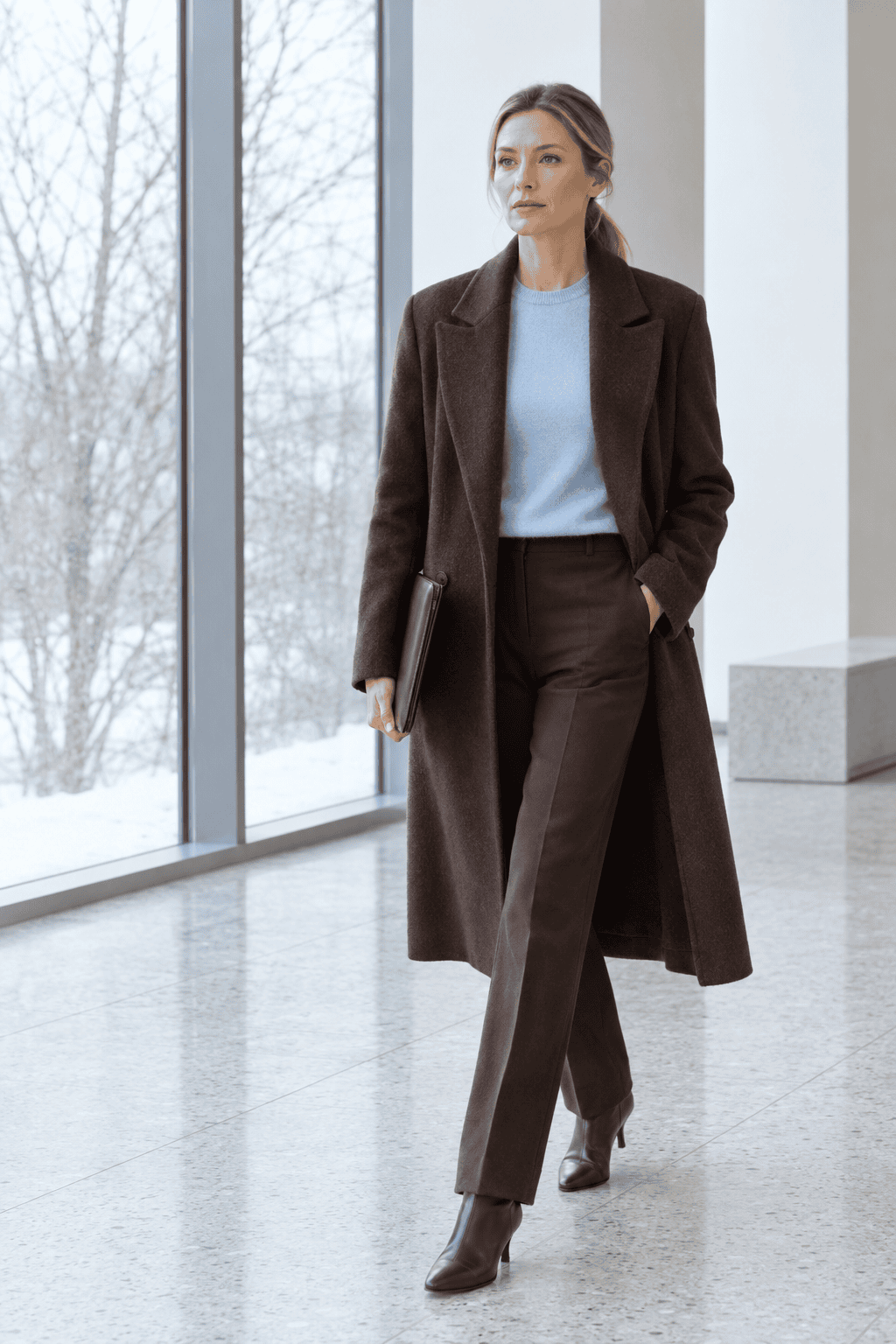 winter color combination that looks expensive, chocolate and pale blue: pale blue cashmere crewneck, chocolate straight trousers, long chocolate wool coat and dark brown ankle boots