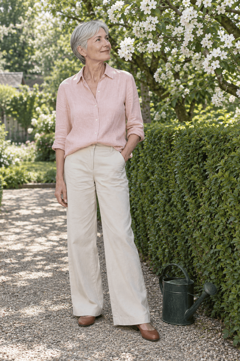 spring garden lunch outfit for women over 60: blush pink linen shirt half tucked into pale stone wide-leg chinos with cognac leather ballet flats