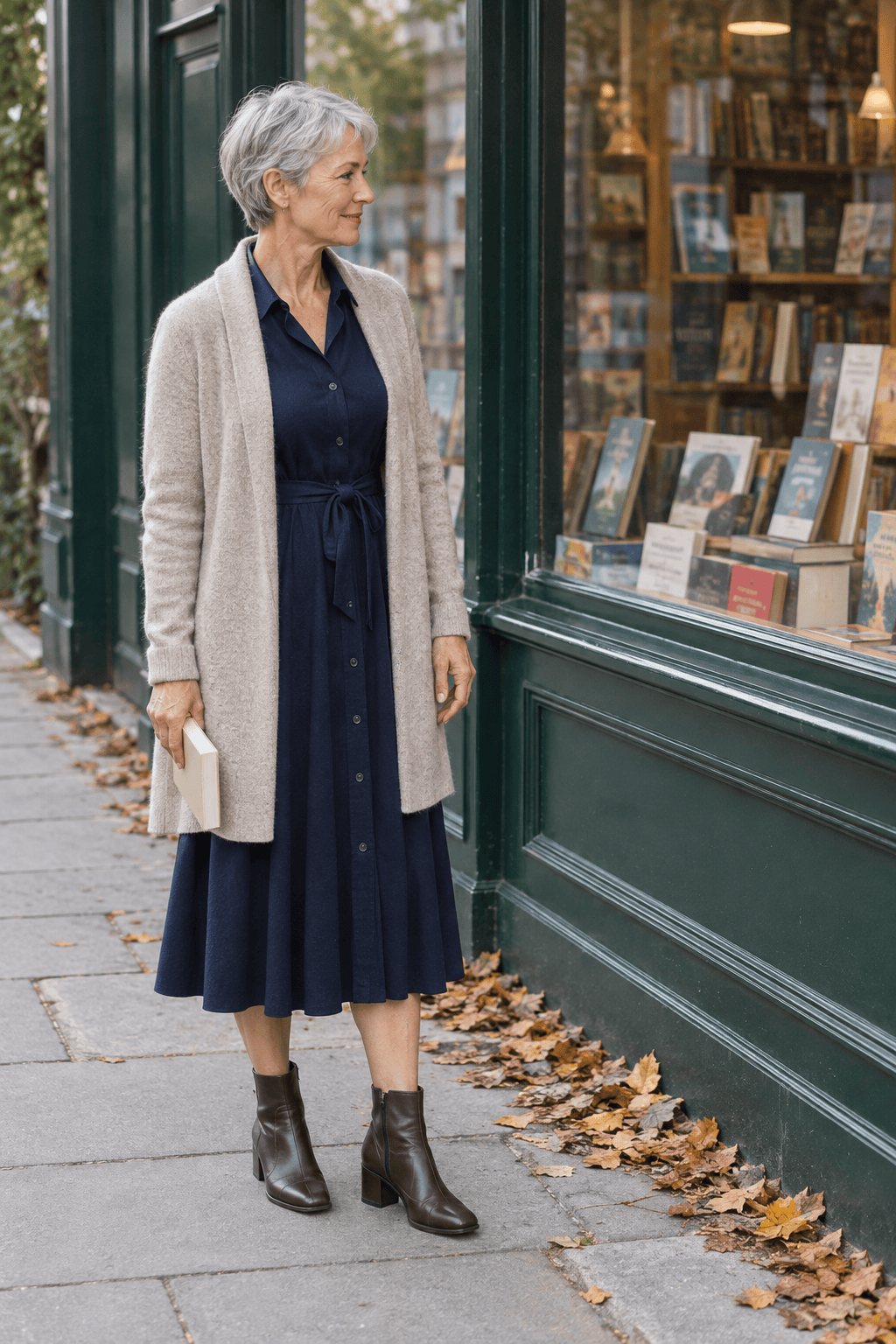 how to style a long cardigan over 60: oatmeal cashmere duster cardigan worn open over a navy midi shirt dress with dark brown block-heel ankle boots