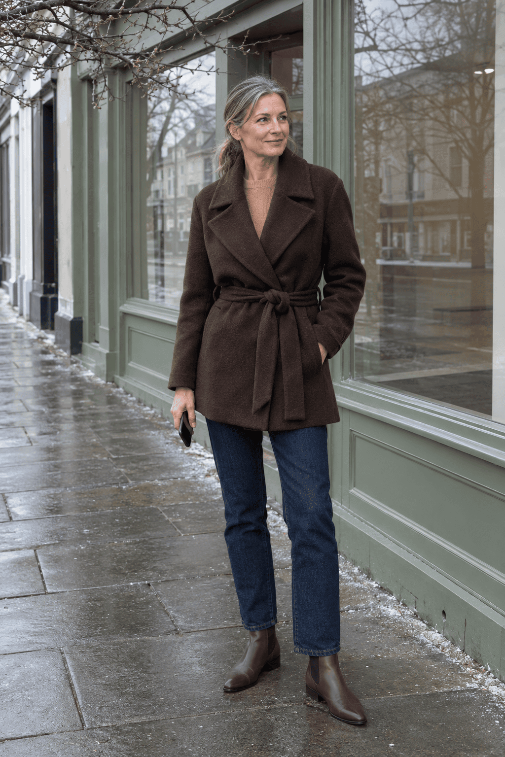 elegant winter outfit for women over 50: chocolate belted short wool coat over a camel crewneck, dark indigo straight jeans and brown Chelsea boots