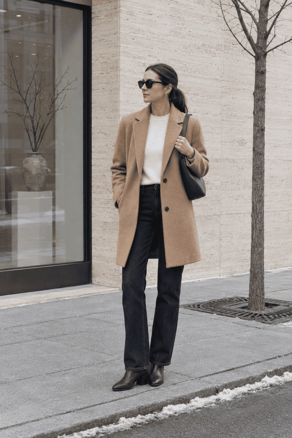 classy casual winter style: woman in a cream sweater, camel coat and dark jeans in soft neutral colors outside a plain shopfront