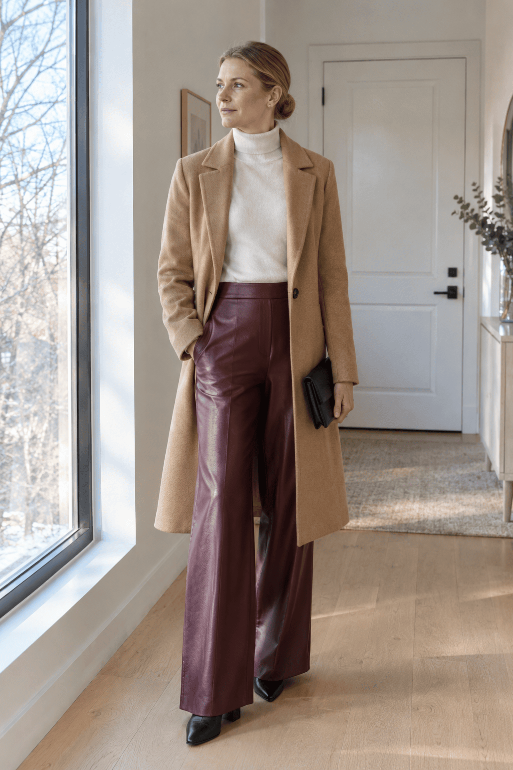 dinner winter outfit for women over 40: camel wool coat, ivory cashmere turtleneck, oxblood faux leather wide-leg trousers and black ankle boots