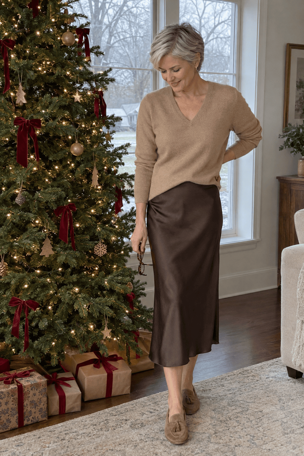 christmas dinner outfit for women over 50: camel cashmere v-neck sweater, chocolate brown silk midi skirt and camel suede loafers
